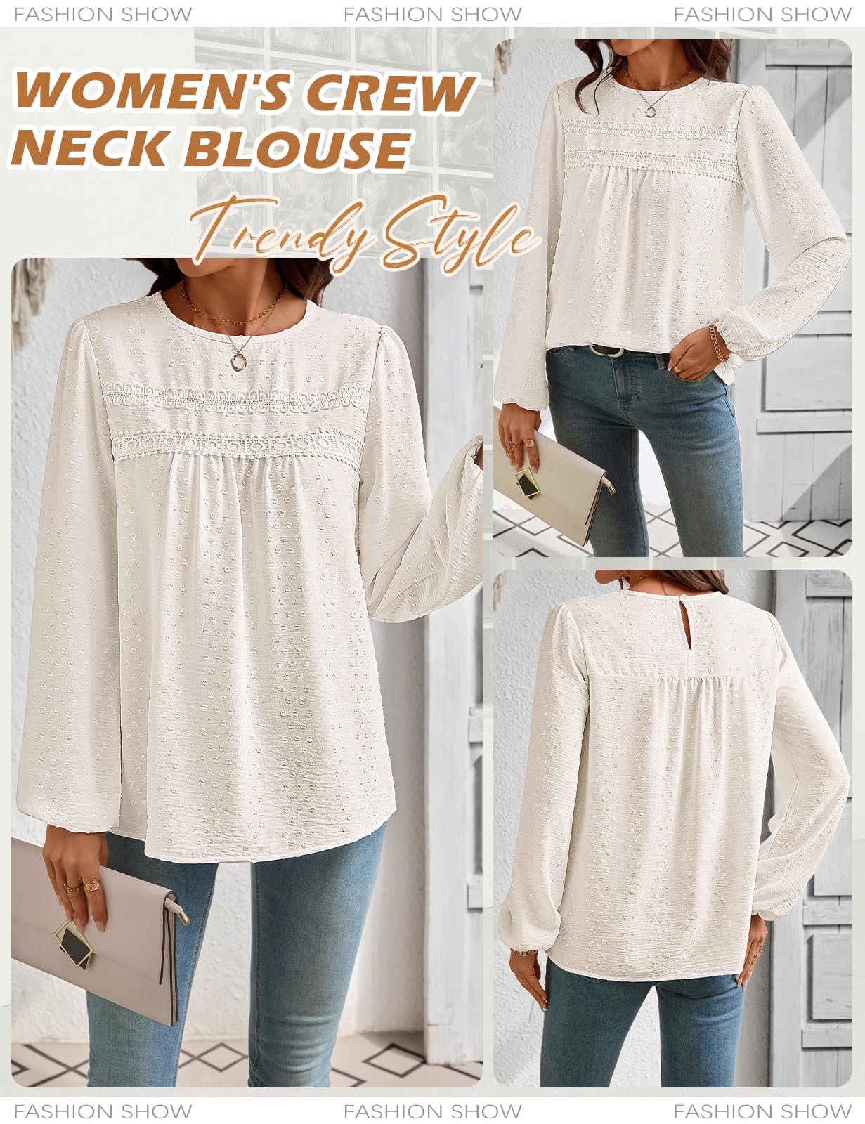 heekpek Chemisier Femme Boho Col Rond Top Manches Longues Blouse Chic et Élégant Haut Dentelle Chemise Ample Fluide Tunique