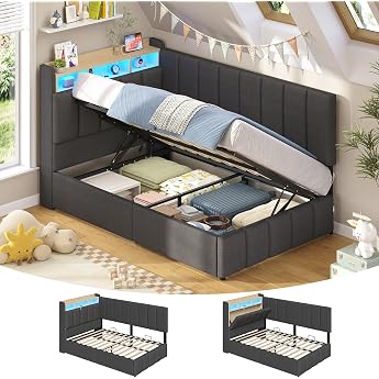Upholstered Bed with LED Lighting Youth Bed 90 x 200 cm Box Spring Bed with Charging Station Headboard with Hidden Storage Space Bed Frame with Large Bed Box for Bedroom Guest Room Grey