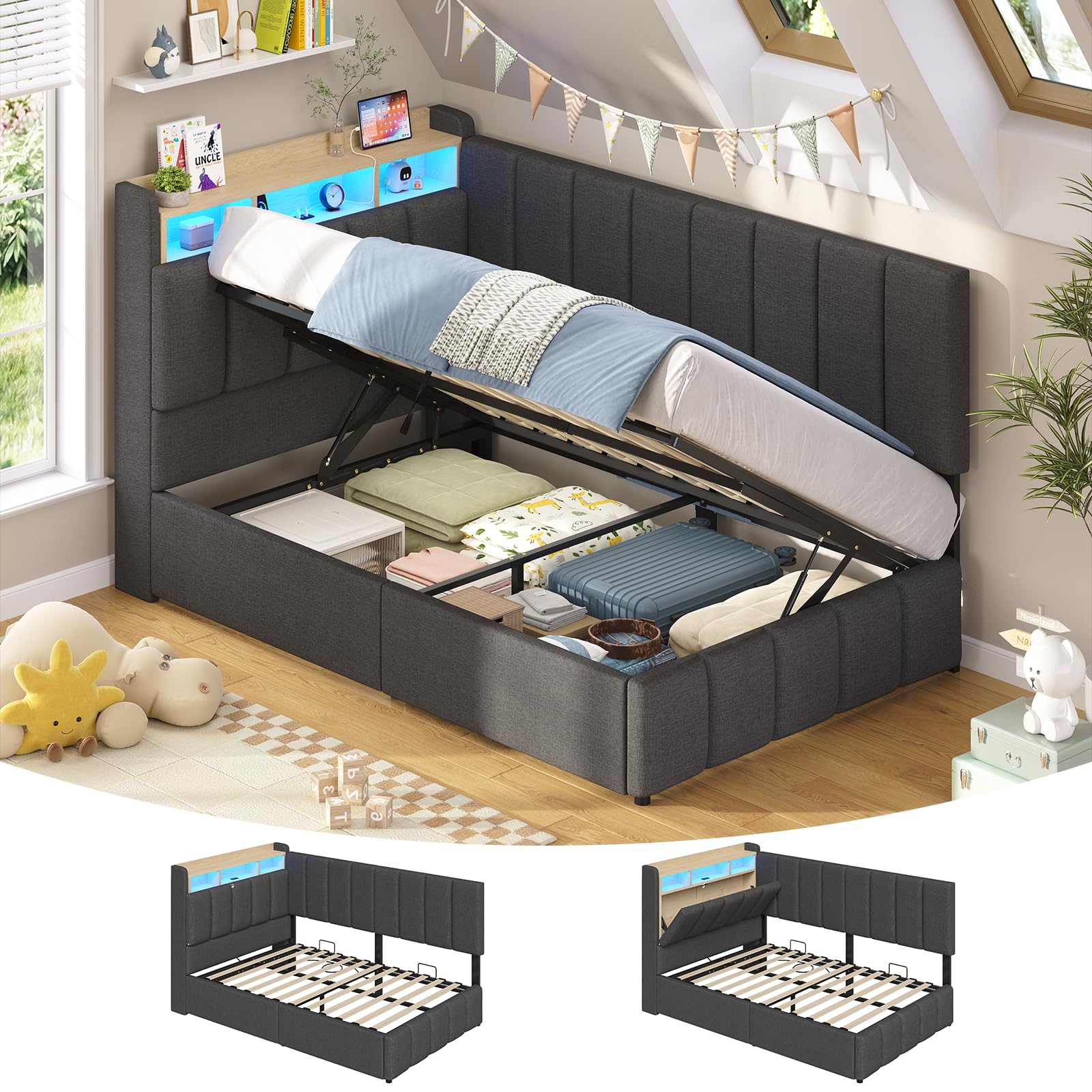Polsterbett mit LED Beleuchtung, Jugendbett 90 x 200 cm, boxspringbett mit Ladestation, Kopfteil mit verstecktem Stauraum, Bettgestell mit großer Bettkasten, für Schlafzimmer, Gästezimmer, Grau