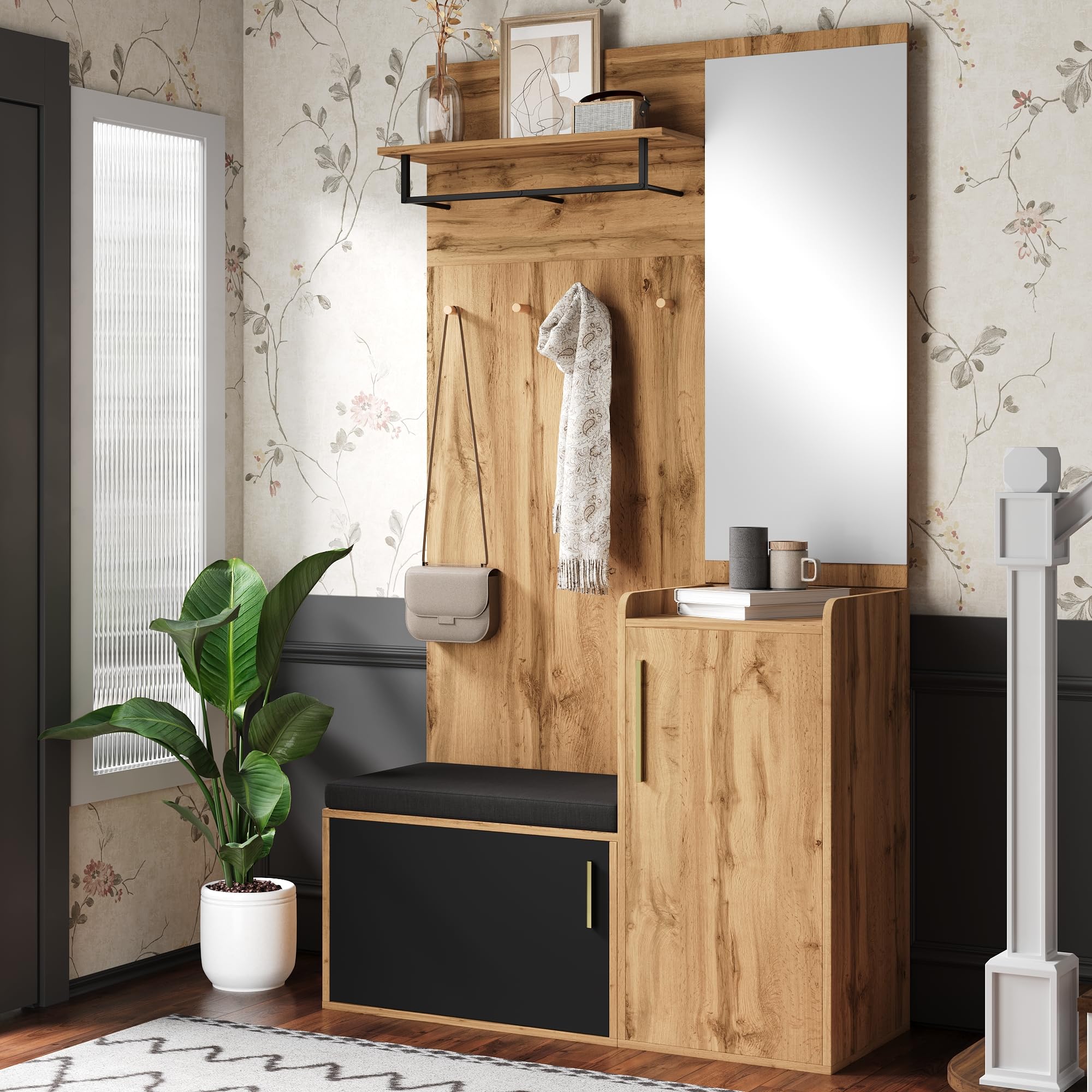 Kompaktgarderobe mit Spiegel und Sitzbank 100x38x185 cm Holzoptik Flurgarderobe Set