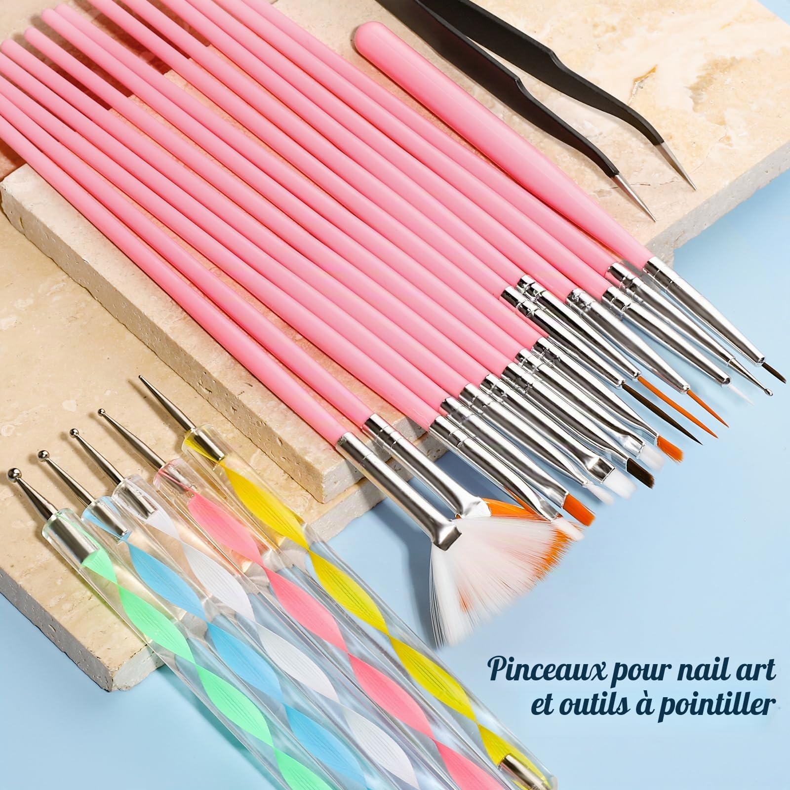 FANDAMEI Kit Nail Art - Pinceaux, Dotting Pens, Autocollants, Strass, Paillettes Papillon, Feuille d'Or pour Décoration d'Ongles (Rose)