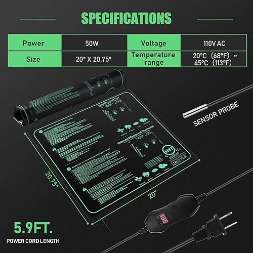 Miniatura 2 de ROCEEI Paquete de 2 alfombrillas térmicas de plántulas con controlador de termostato digital de 20 x 20.75 pulgadas, impermeable, para germinación,