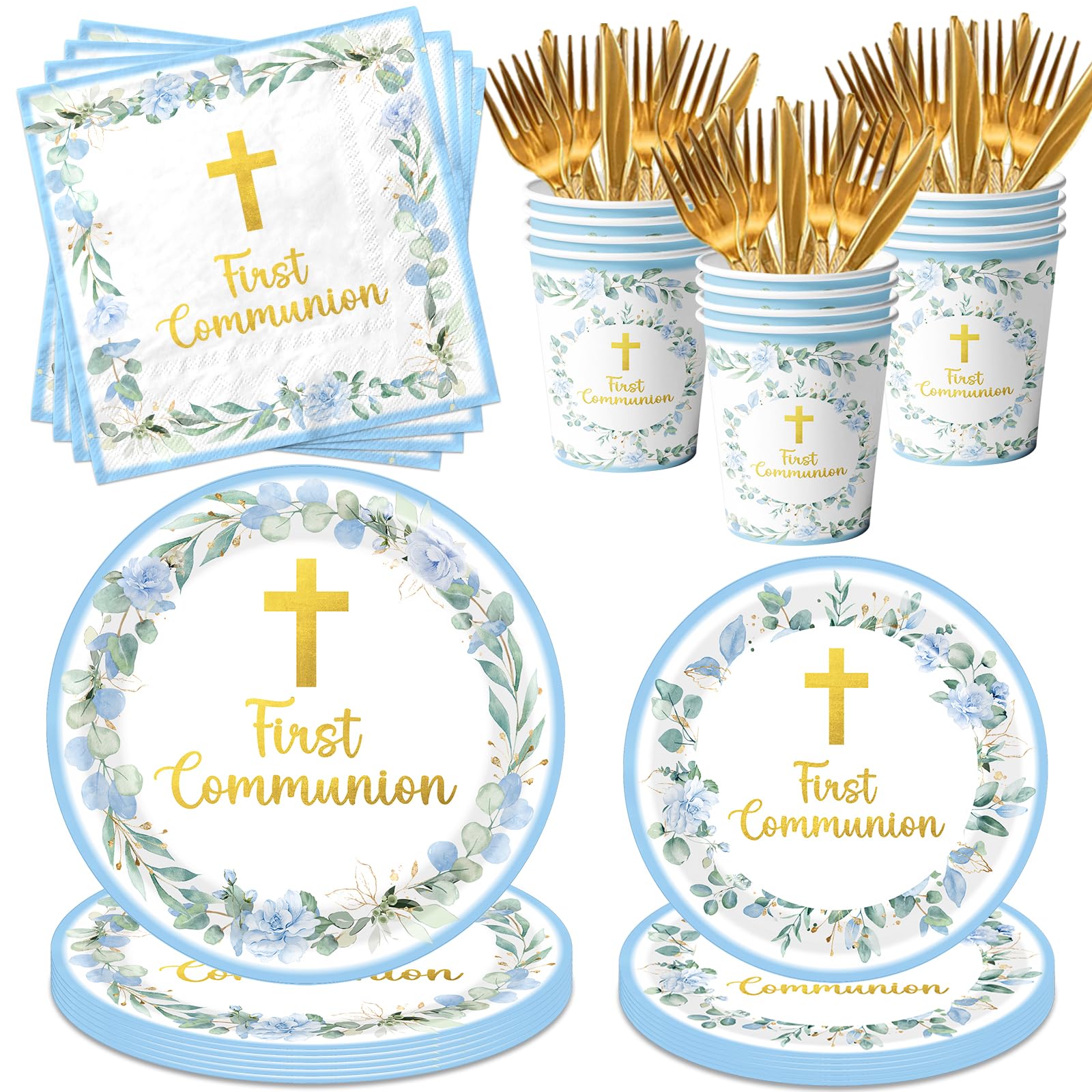 First Communion Decorations for Boys, Baptism Plates and Napkins Blue Primera Comunion Decoracion 1st Communion Party Supplies for Baptism Party