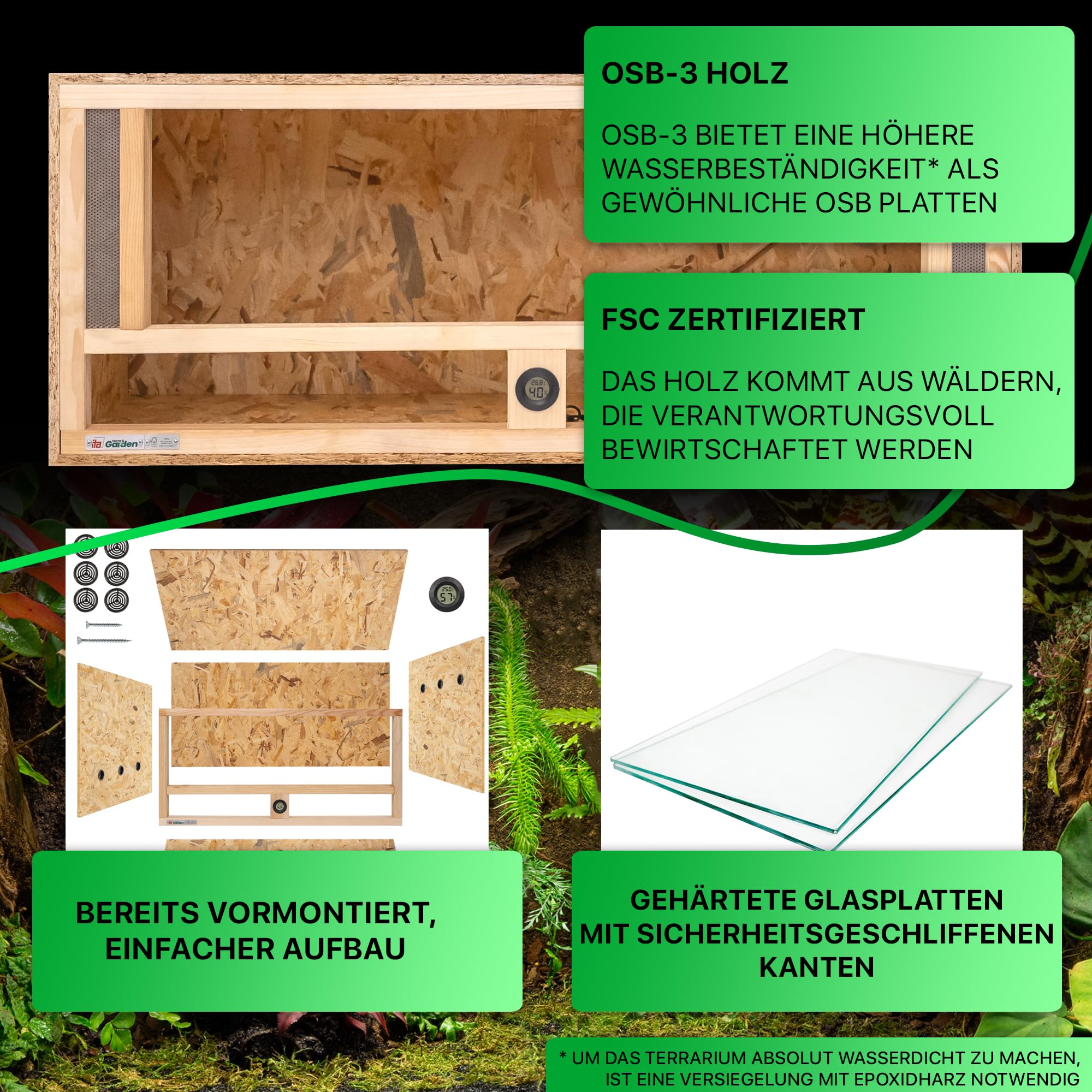 ITA Holz Terrarium 100x40x40 cm mit Frontbelüftung & Integriertem Hygrometer - Holzterrarium aus OSB-3 Platten - Terrarien für Reptilien, Schlangen, Amphibien - EU Produkt, FSC Zertifiziert