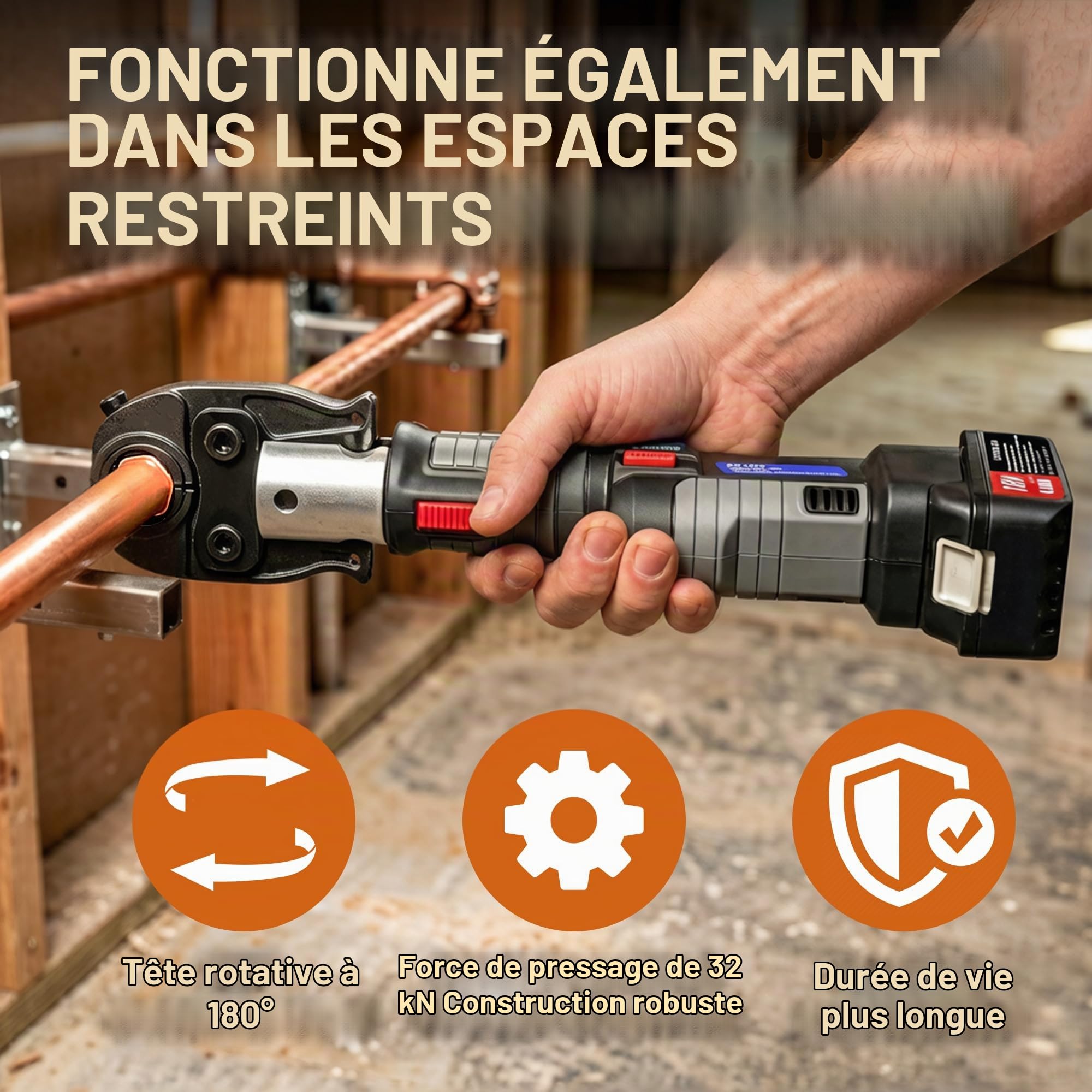 AMZCNC Pince à sertir électrique hydraulique sans fil avec contour TH U V - 14 inserts pour tube multicouche en cuivre - Tête de sertissage légère pour les espaces restreints - Tête de sertissage