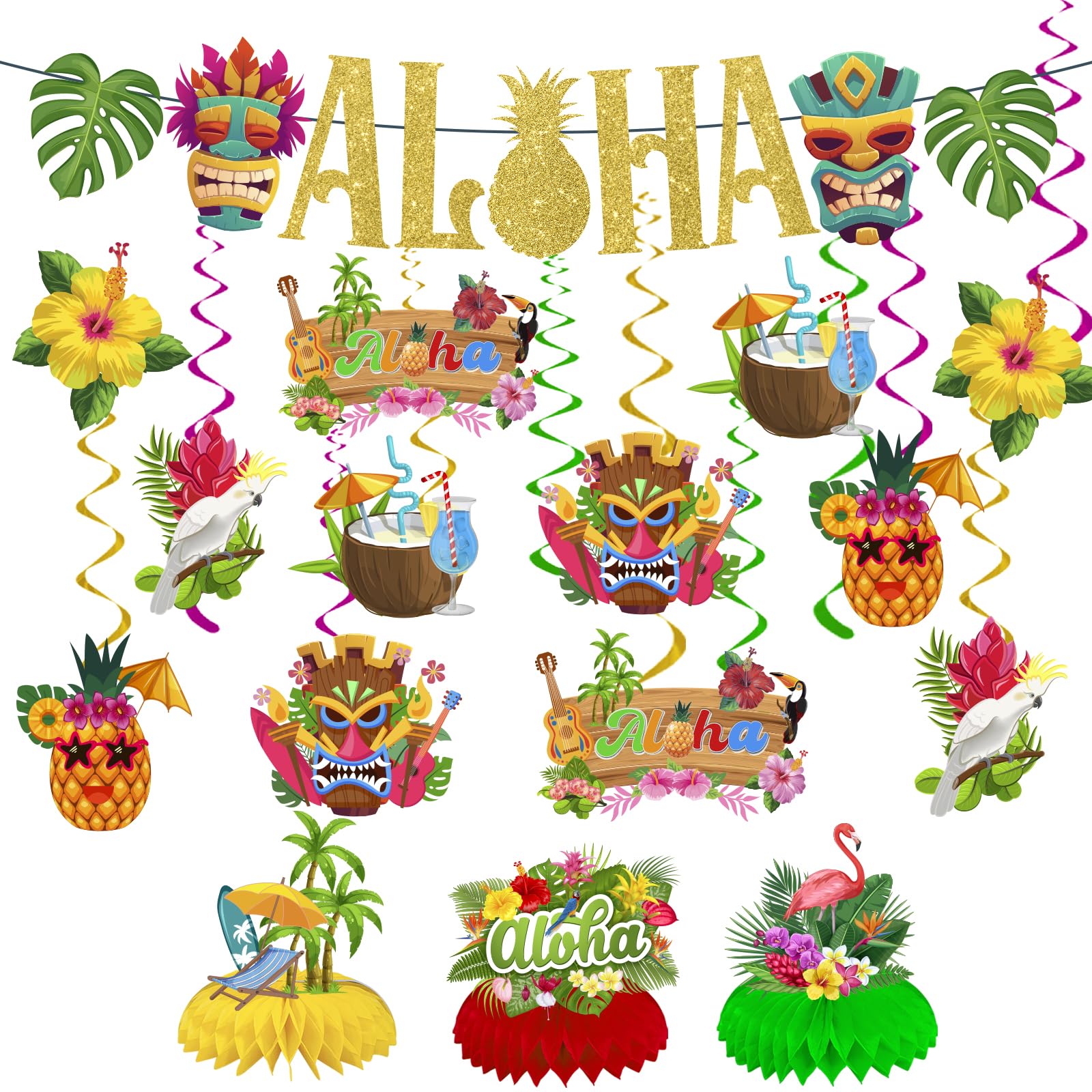 Aloha Banner & Swirls - Hawaiian Luau Party Decorations Kit With Cutouts & Centerpieces