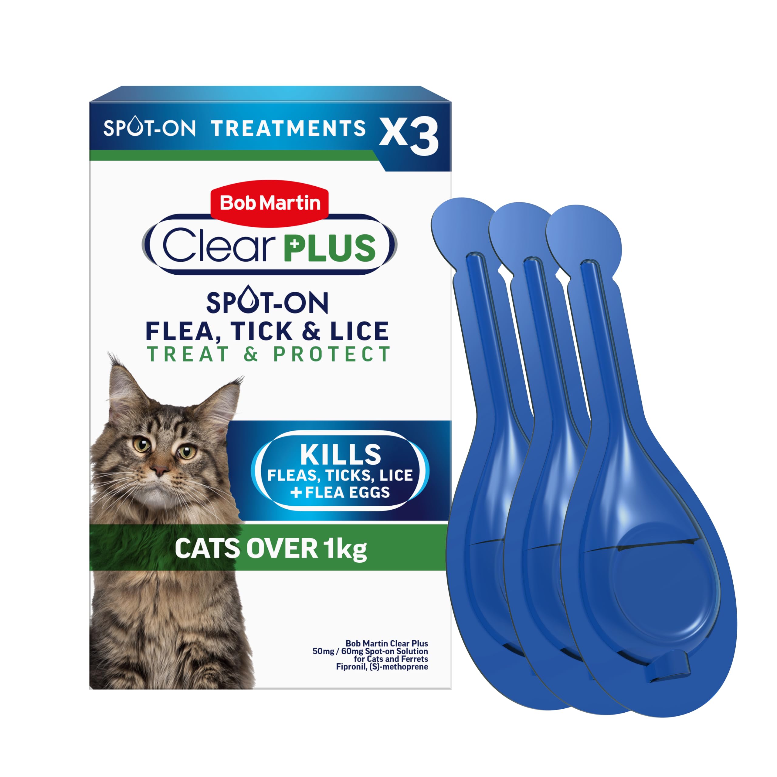 Bob Martin Clear Plus Spot On Flea Treatment for Cats and Kittens - Kills Fleas, Ticks, Lice and Flea Eggs (3 Pipettes)