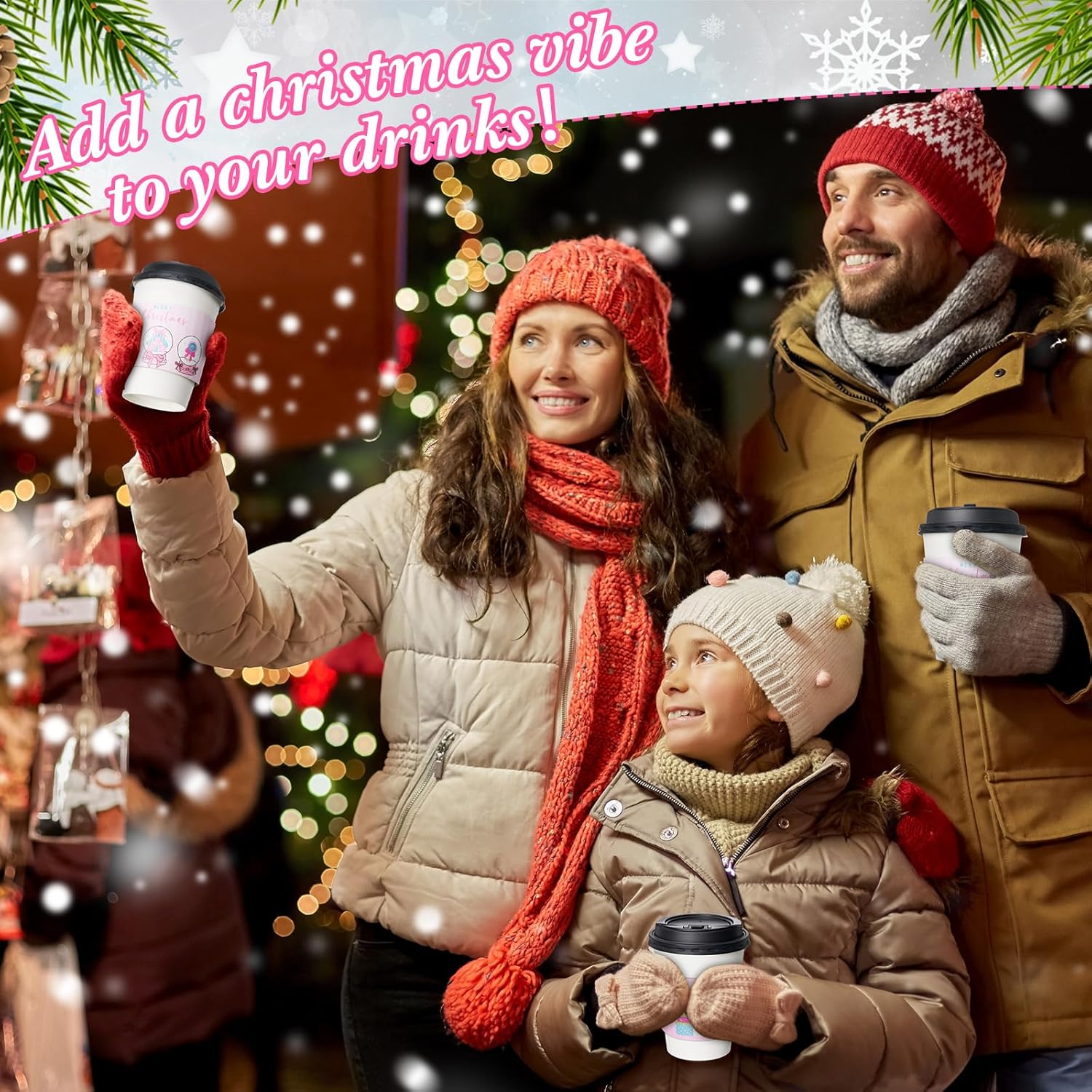Yungyan 50 Pack 12 oz Christmas Disposable Coffee Cups with Lids and Sleeves Paper Hot Chocolate Cups Cocoa Bar Supplies for Hot Beverage, Tea, Home, Office, Xmas Party, Holiday(Pink Christmas)