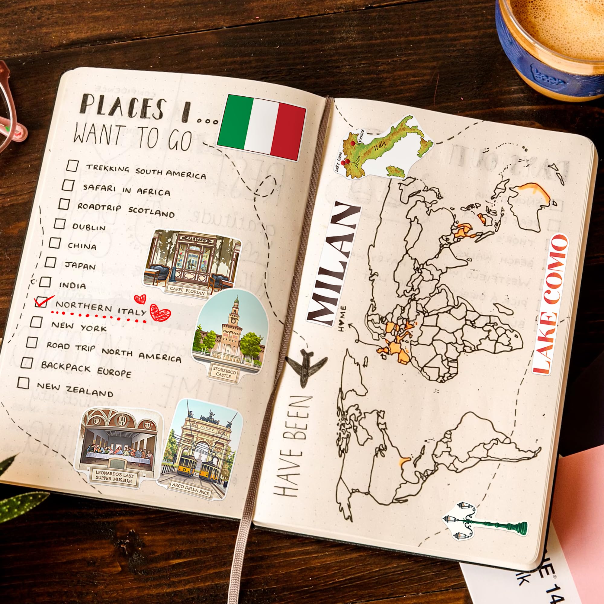 Navy Peony Northern Italy Travel Stickers (28pcs), Gouache Style, Waterproof - Image 3