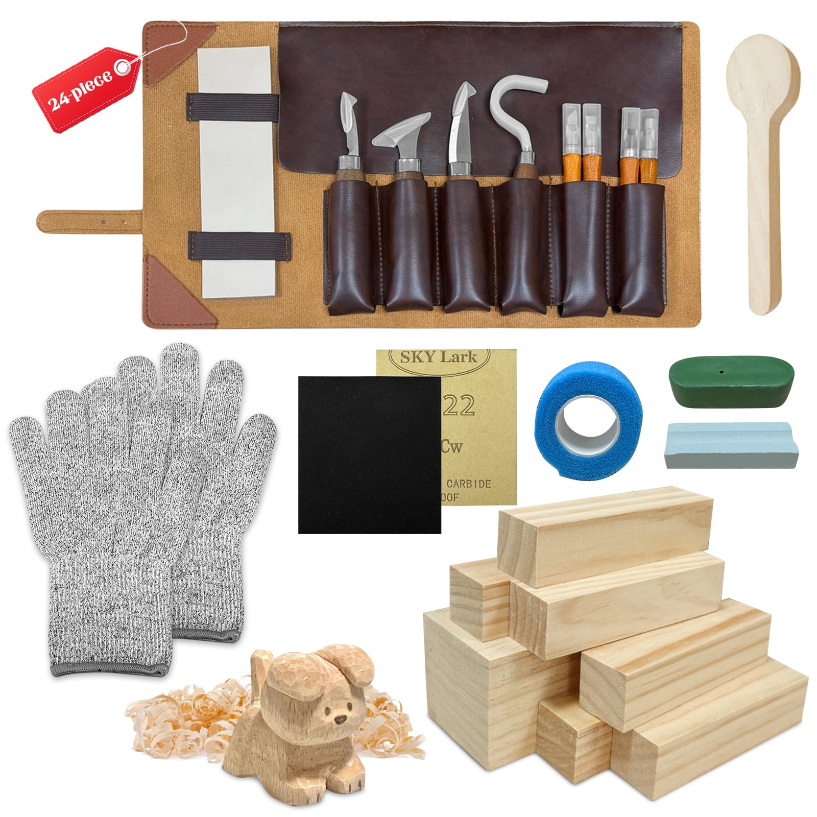 Set de Tallado de Madera, Gubias para Tallar Madera de 24 Piezas para Profesionales/Principiantes, Juego Práctico de Gubias con Bolsa de Cuero de Terciopelo con Piedra de Afilar Incluida