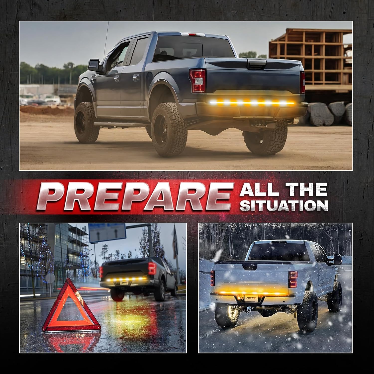 OPT7 Sidekick 86" Running Board Lights 2PCS Strips with Sequential Amber Turn Signal & 60" Tailgate LED Strobe Ligt Bar Double Row