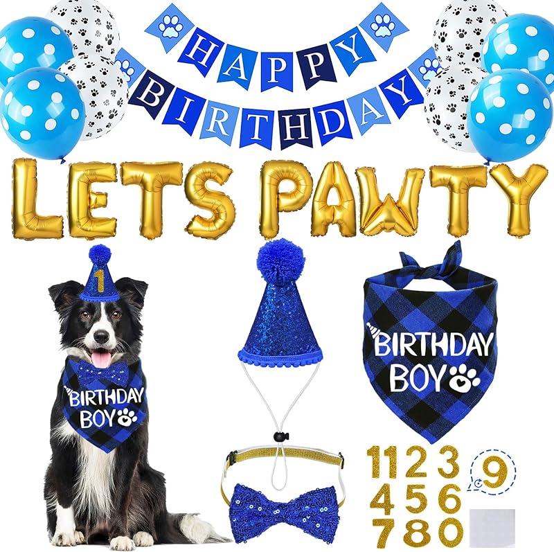 Kit Festa de Aniversário para Cães STMK com Bandana, Chapéu, Gravata-Borboleta e Balões (Grande, Blue)