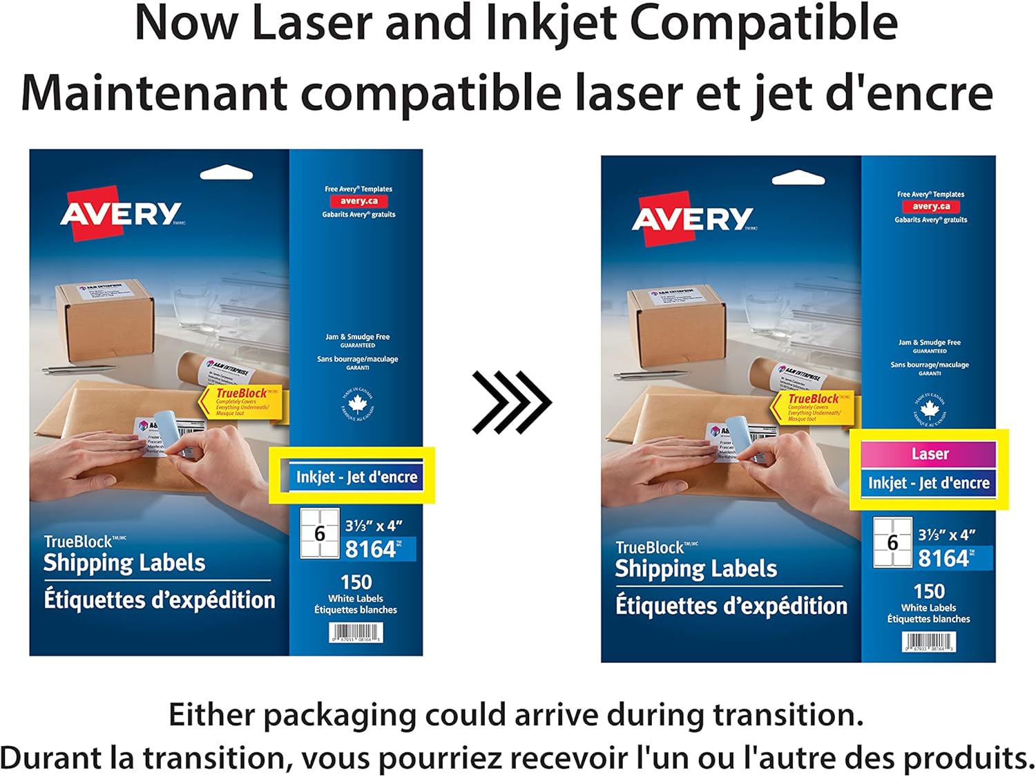 Avery Shipping Labels with TrueBlock Technology for Inkjet Printers, 3-1/3" x 4", White, Rectangle, 150 Labels, Permanent (8164) Made in Canada for The Canadian Market
