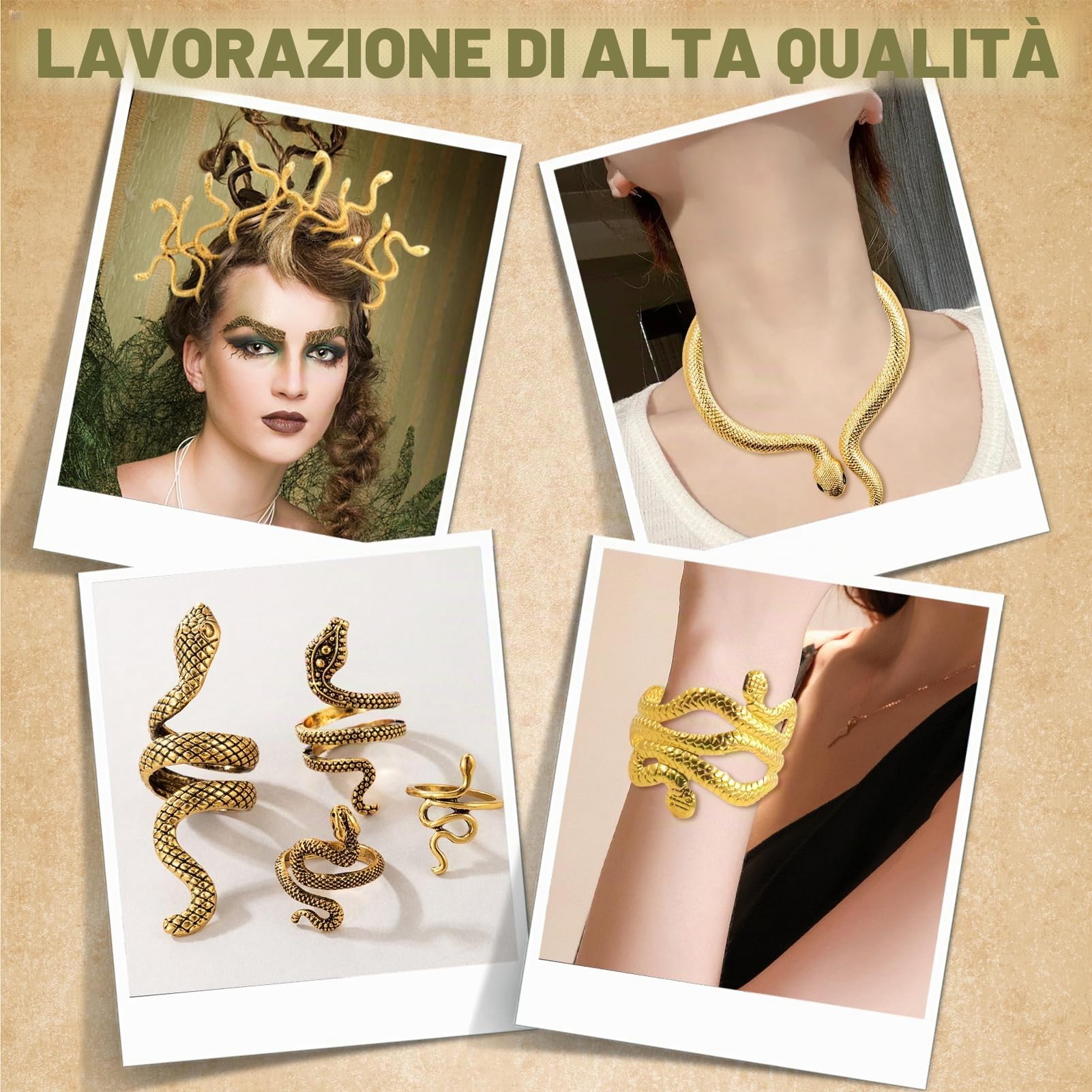 Set Accessori per Costumi Medusa,Cerchietto Serpente,Braccialetti,Anello,ecc,Accessori a Serpente,per Donna Ragazza Carnevale Halloween Cosplay