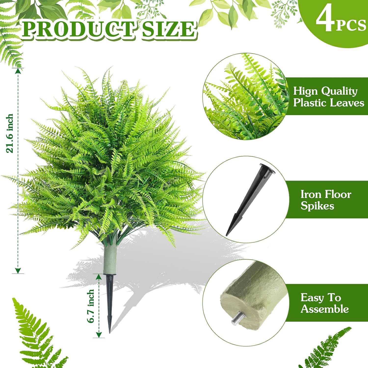 4 Artificial Boston Fern with Integrated Ground Stake 24'' Realistic UV Resistant Faux Plant with Spike for Indoor Outdoor Garden Yard Spring Summer Wedding Decoration