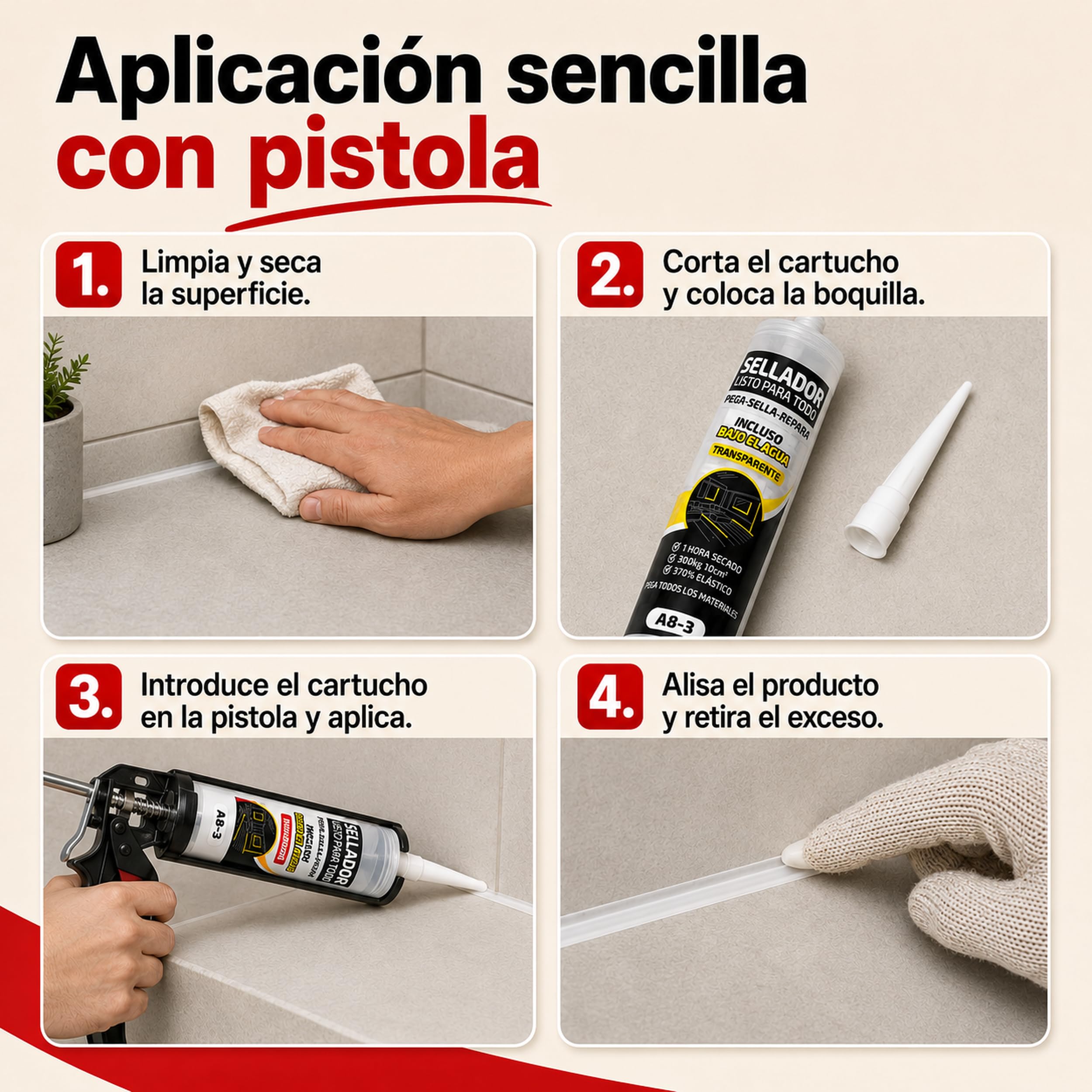 Sellador Multiusos Transparente 280 ml, Adhesivo Impermeable y Flexible para Juntas, Grietas y Reparaciones, Cerámica, Madera, Mármol y Cristal, Interior y Exterior, Pack de 12