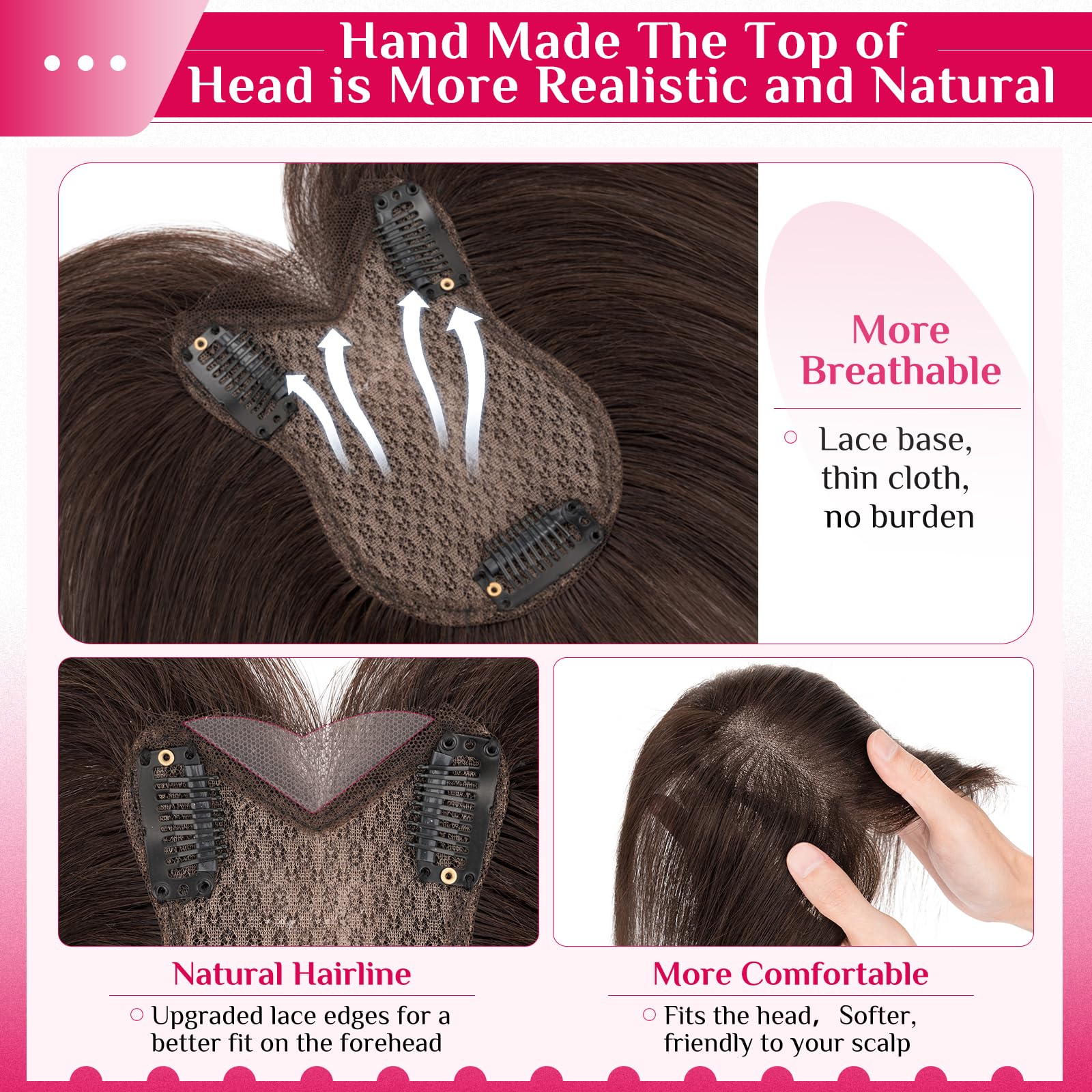 MY-LADY Topper Cheveux Humain Femme, Marron Foncé Volumateur Capillaire Naturel Fin Pour Femme Fille 21g Extension à Clip Cheveux Sans Frange(#02)