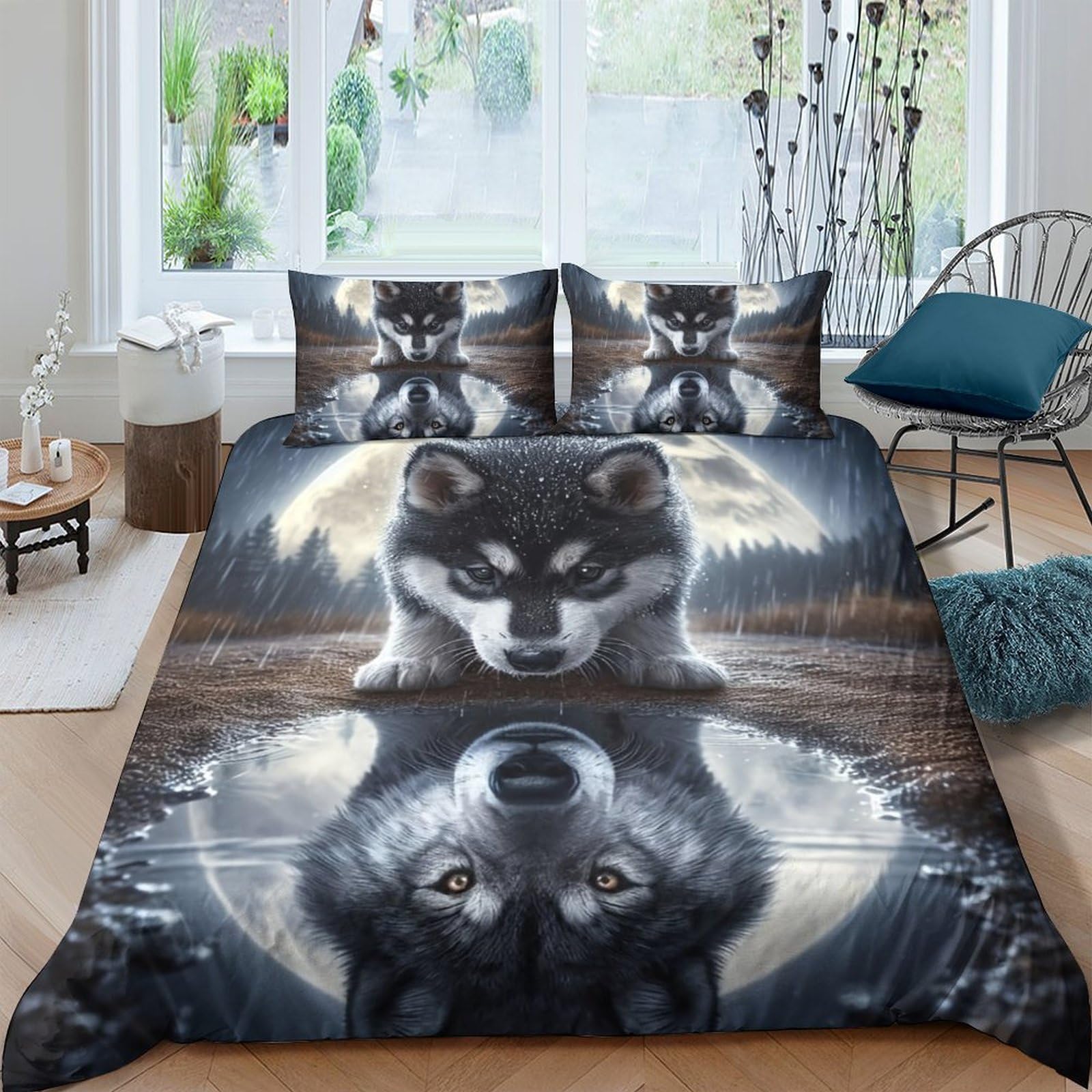 Tyuiopasdfg Colorful-22 Wolf Lover Wolf Duvet Cover Set Microfiber 3 Piece Bedding Set Moon Soft Bedding Set Breathable Double（200X200cm）