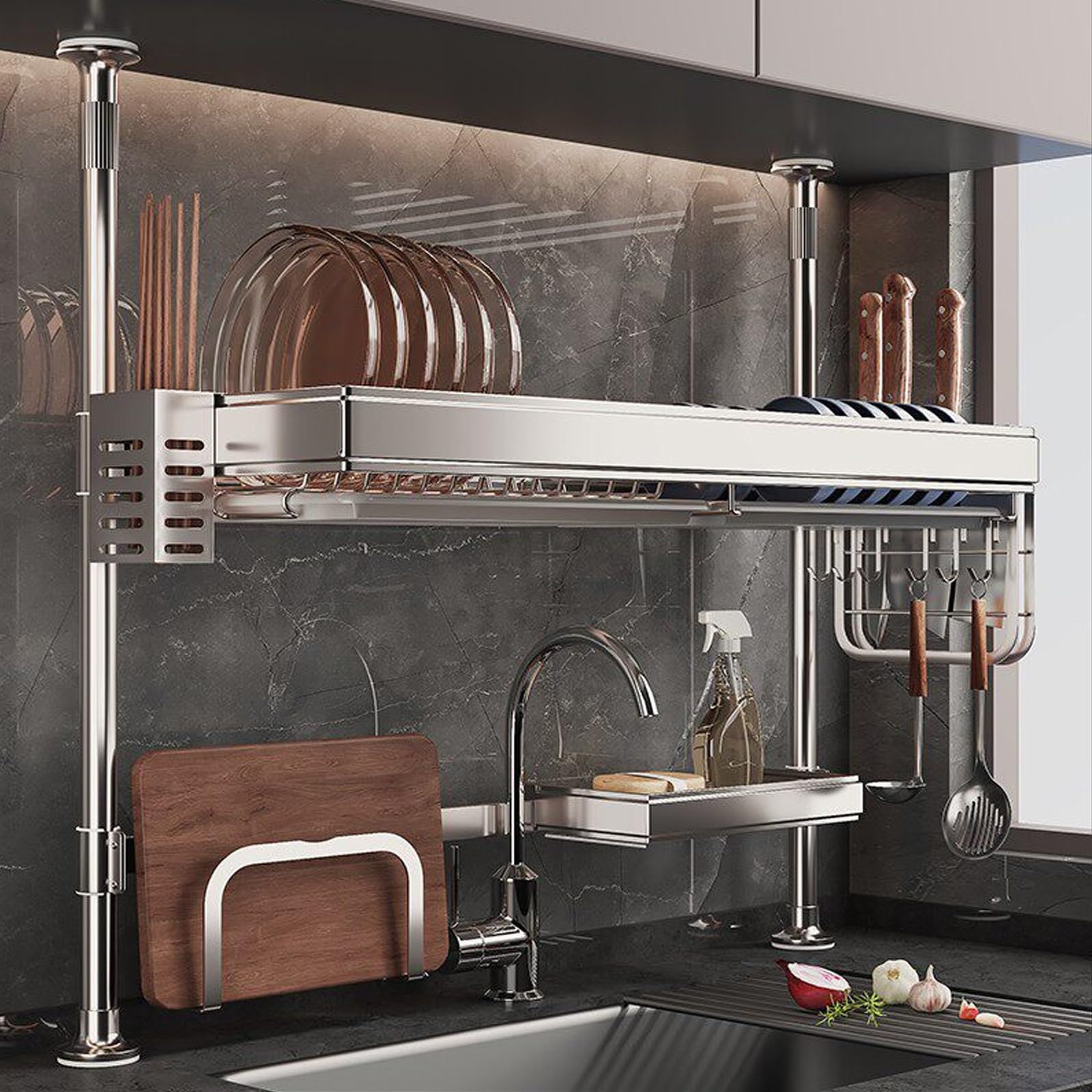 Ampio ripiano da Cucina in Acciaio Inox Regolabile in Altezza con Elevata capacità: scolapiatti, scolapiatti e ripiano portaoggetti per Ciotole e Piatti (1 Livello 11