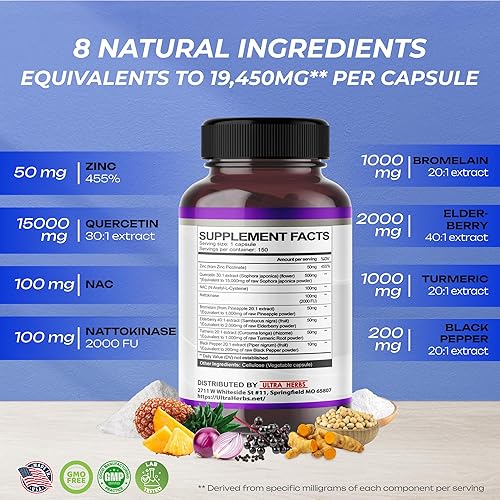 Miniatura 3 de Quercetina 19,450 mg 8 en 1 con NAC, nattoquinasa, zinc, bromelina, saúco, cúrcuma, pimienta negra, refuerzo inmunológico, fabricado en Estados
