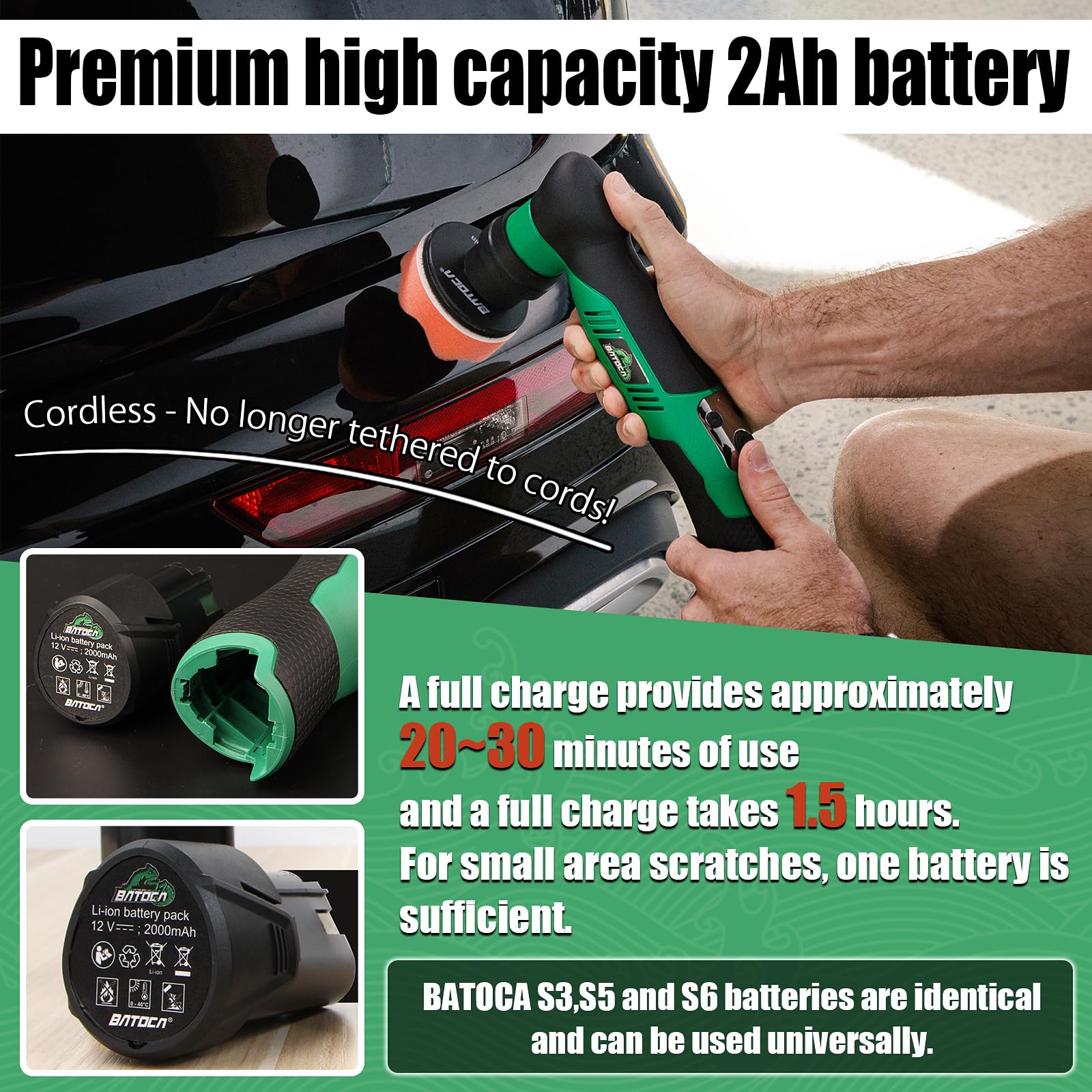 BATOCA S5 Mini Pulidora de Coche sin Cable Pulidora Rotativa y Orbital con 1 Batería de 12V 2.0Ah para el Detallado del Coche Kit de Almohadillas de Pulido de 25mm/75mm 6 Velocidades 2000-5500RPM