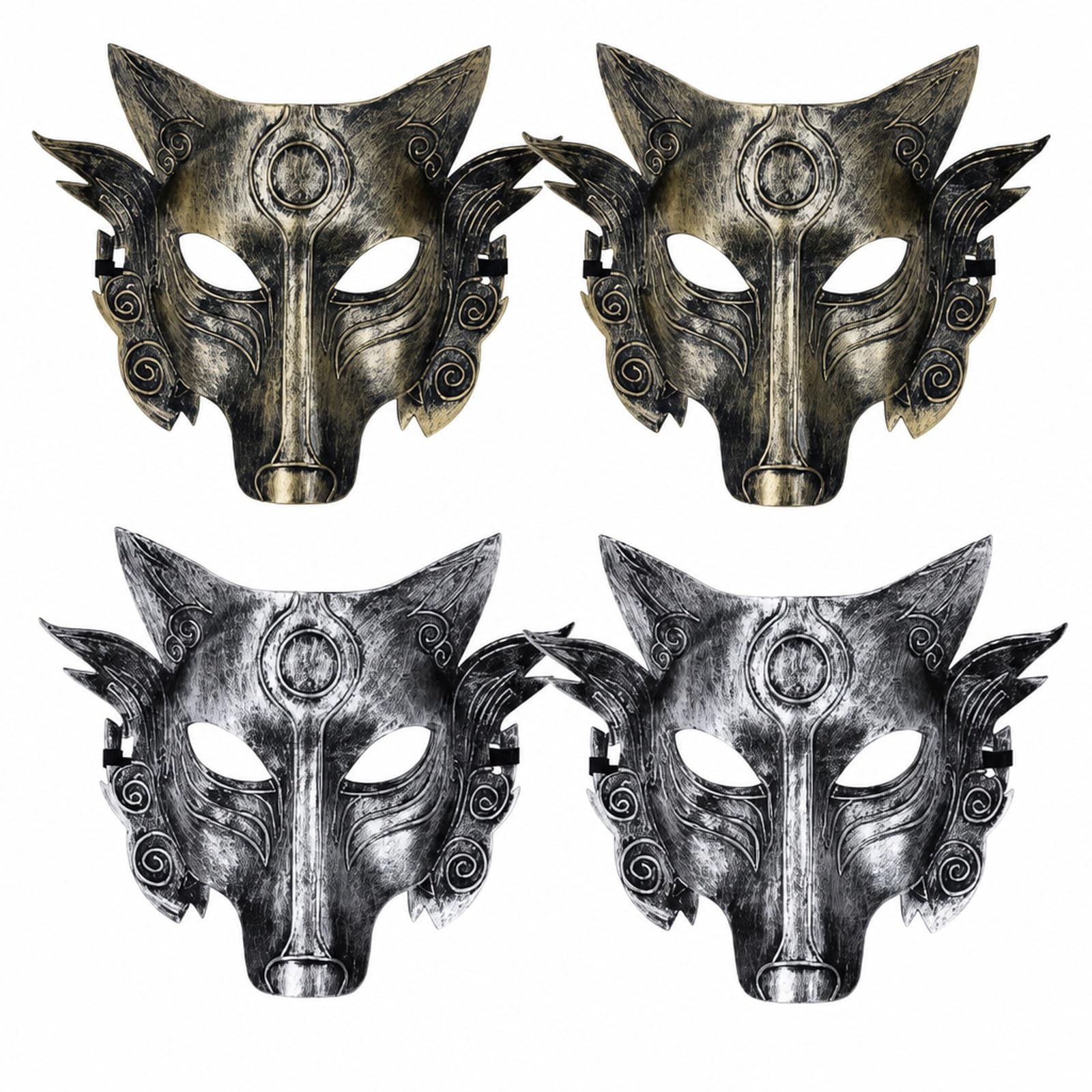 4-Piece Wolf Mask Set, Retro Gold and Silver Masquerade Mask for Men