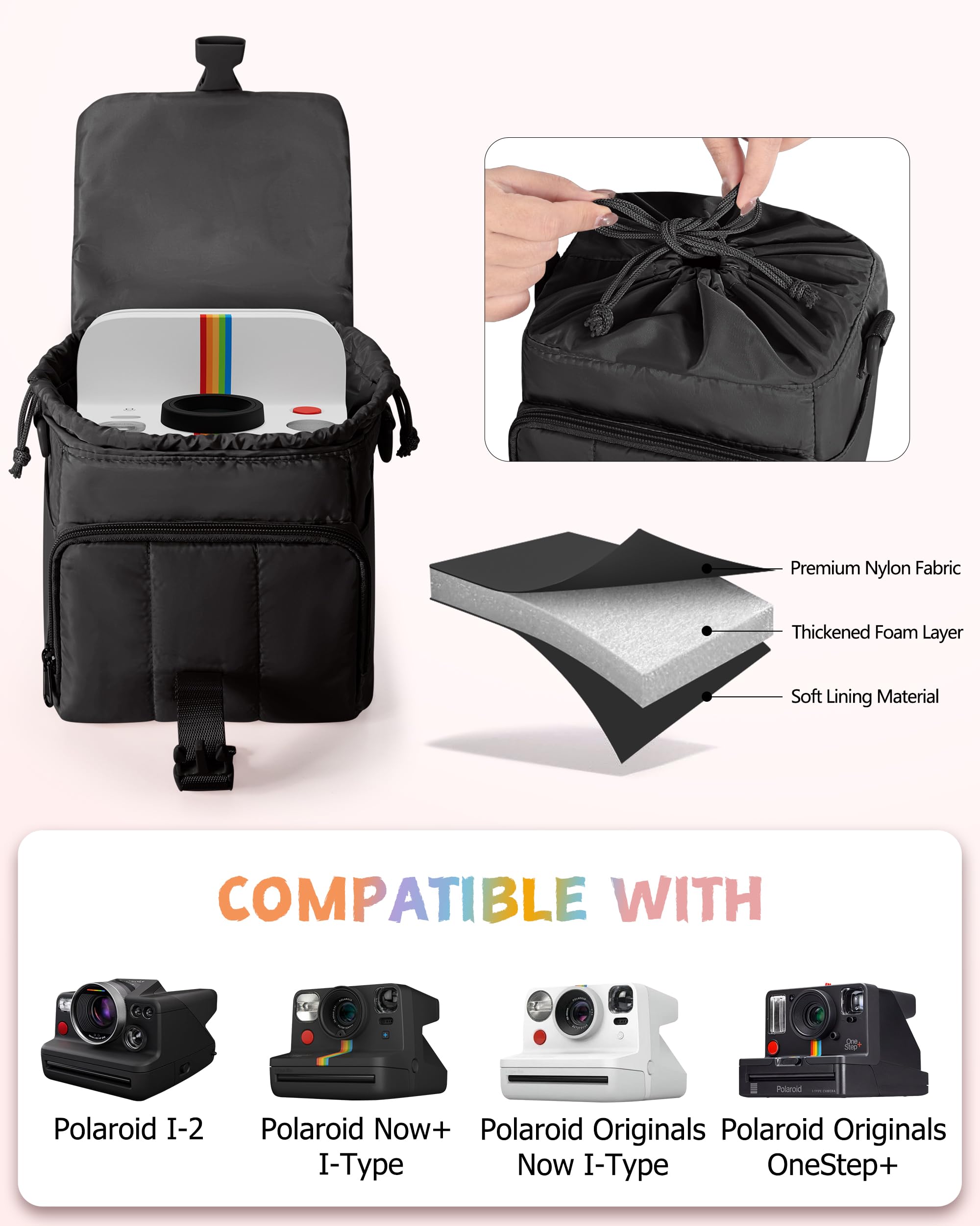 Custodia per Fotocamera Istantanea Compatibile con Polaroid Now 3rd e Go Gen2, Borsa a Tracolla Protettiva per Fotocamera con Tracolla Regolabile e Tasche, Nero