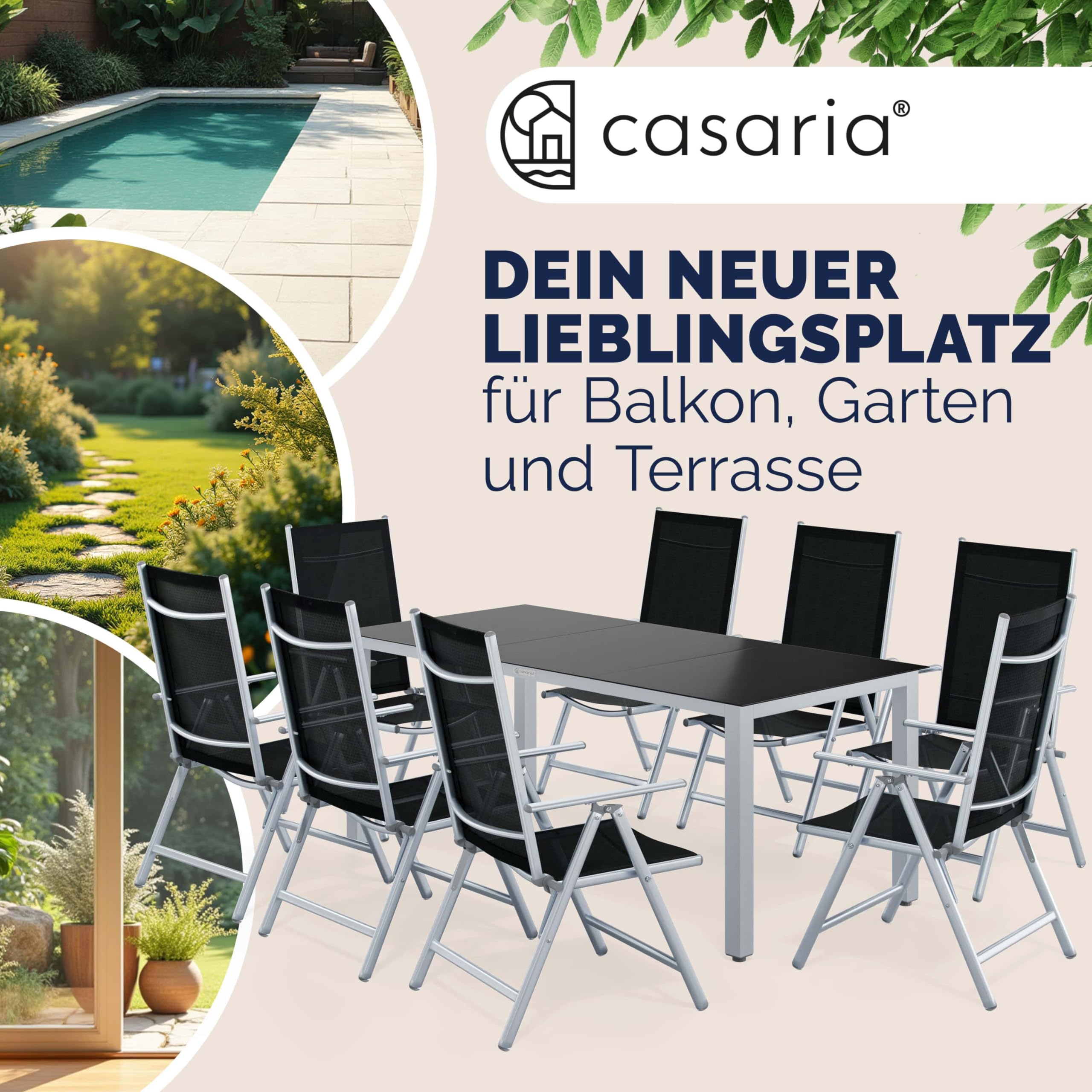 Casaria® Gartenmöbel Set 8 Stühle mit Tisch 190x90cm Aluminium Sicherheitsglas Wetterfest Klappbar Modern Terrasse Balkon Möbel Sitzgruppe Garnitur Bern