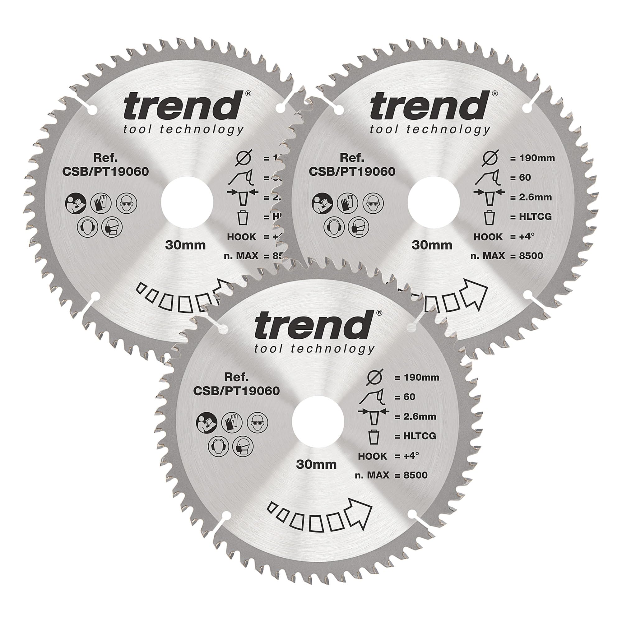 Trend Laminate/HPL Circular Saw Blade, 190mm Diameter, 30mm Bore, 60 Teeth, 2.6mm Kerf, +4° Hook, TCT, Super Fine Finish, 3 Pack, CSB/PT190/3PK