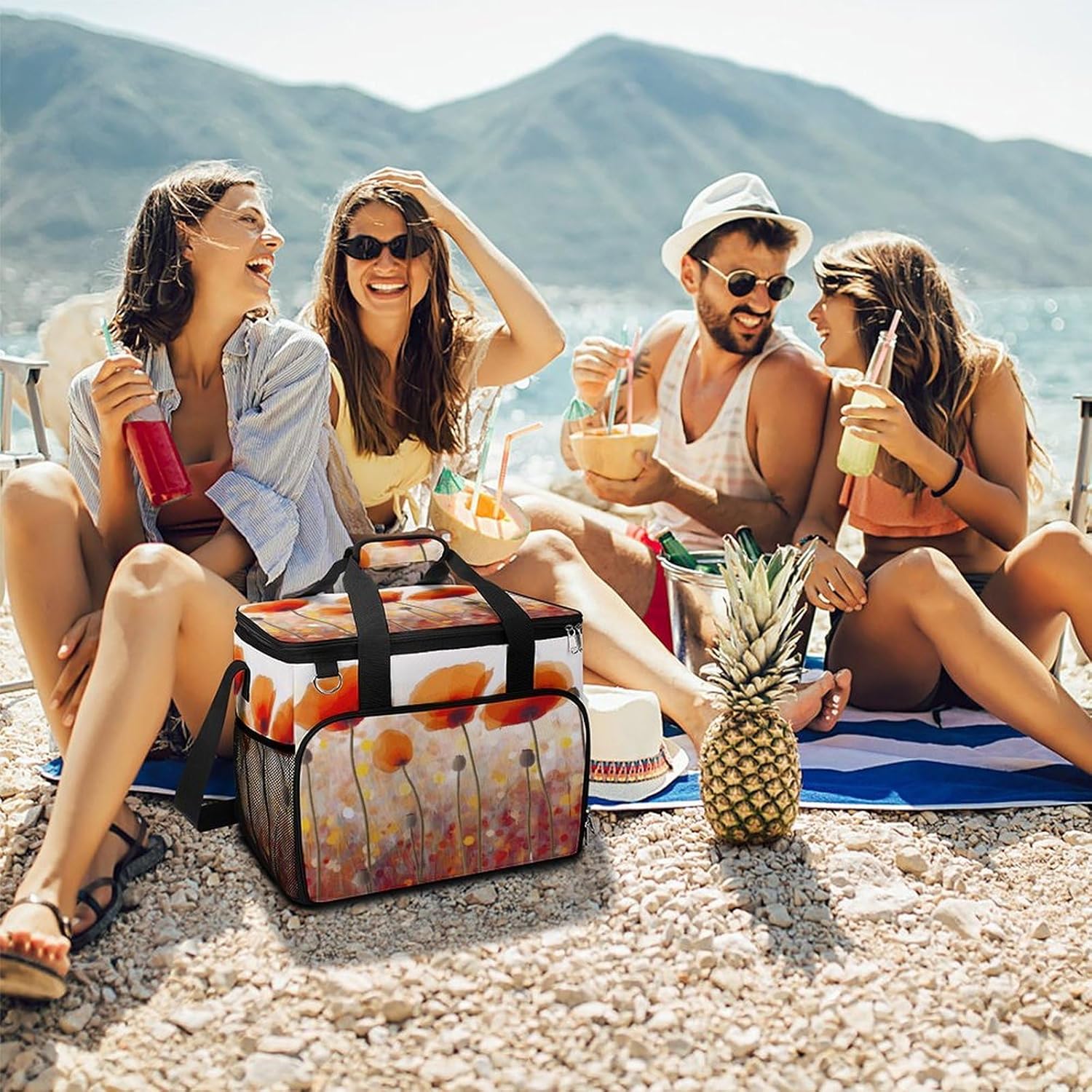 Insulated Picnic Backpack Tote Bag, Large Capacity 30L Red Flowers Cooler Bag Leakproof Beach Bags Portable Lunch Box Waterproof Picnic Basket for Beach Camping BBQ