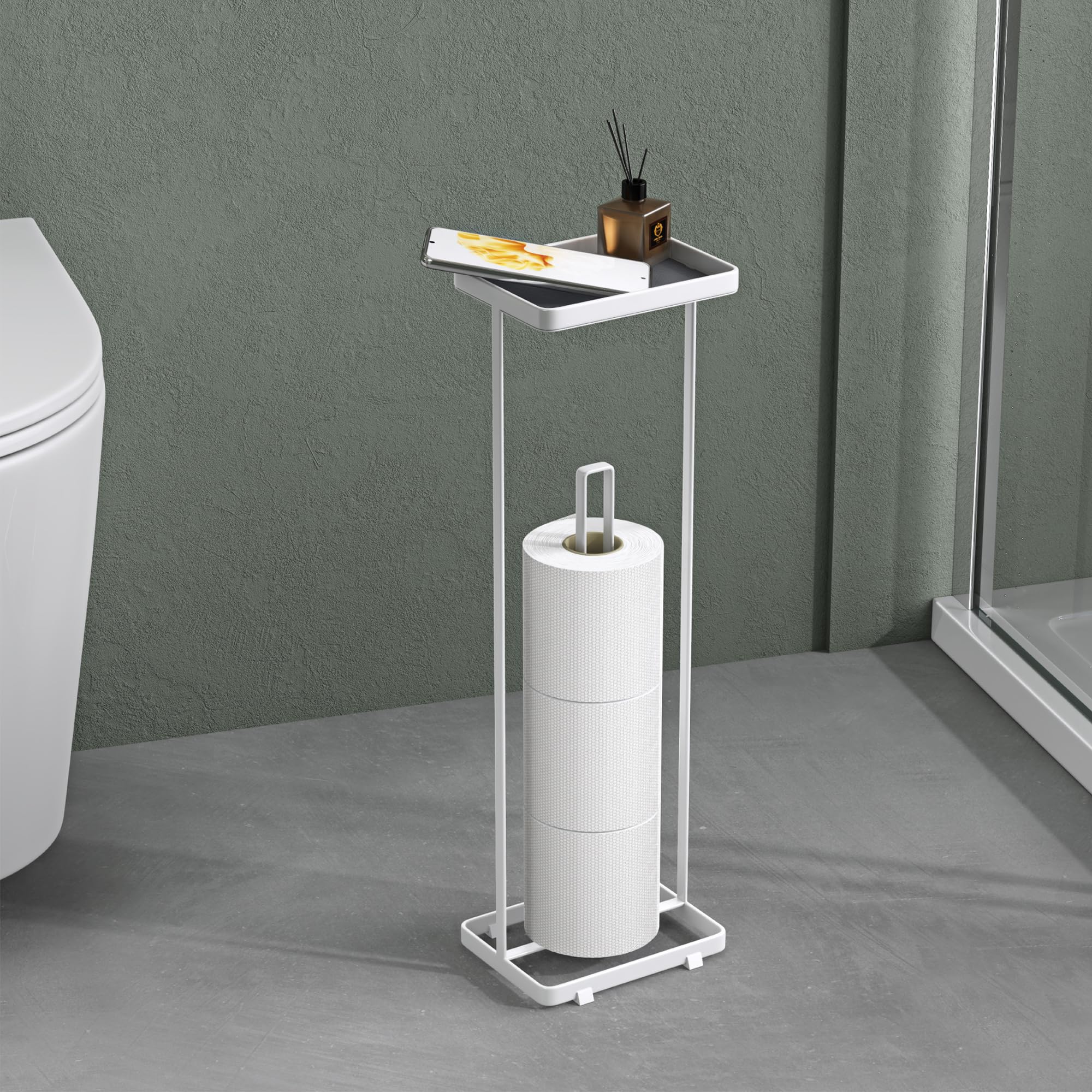 Mai & Mai Matte White Toilet Roll Holder Free Standing, Bathroom Toilet Paper Holder Stand With Storage Shelf, Freestanding Loo Roll Holder For Bathroom, Reglo-04,