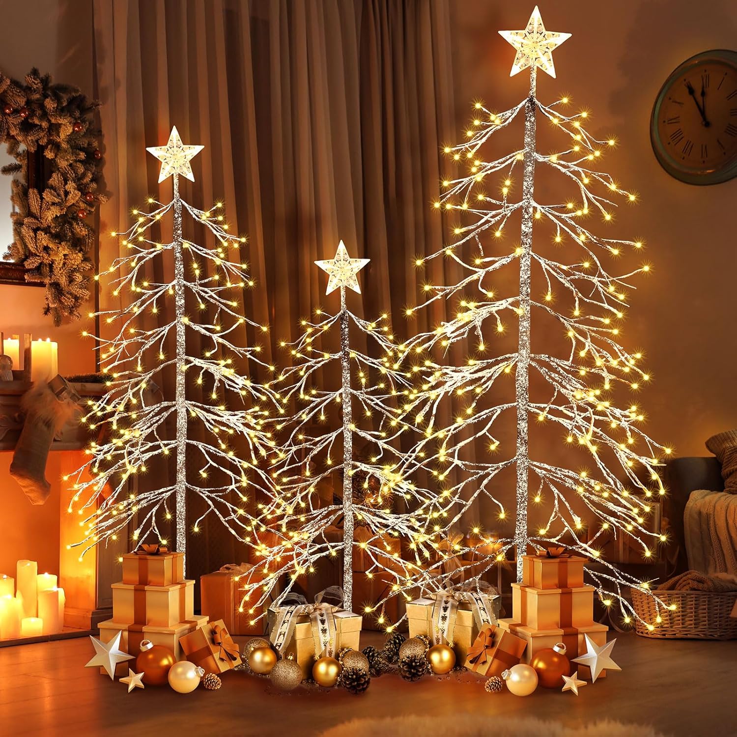 2 PCS 4 ft Twinkle Twig Tree with Star Topper Christmas Snow Flocked Branch Tree 304 LED Lighted Birch Tree Snowy Fir Realistic Bendable Tree Decoration for Xmas Indoor Outdoor Patio Garden