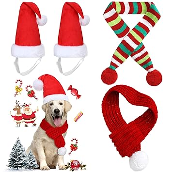 Frienda 4 Pieces Christmas Dog Scarf with Large Santa Hat 2 Adjustable Christmas Pet Hat and 2 Pet Knit Red Scarf with White Pompom Ball Striped Scarf Winter Pet Accessory for Small Medium Large Dog