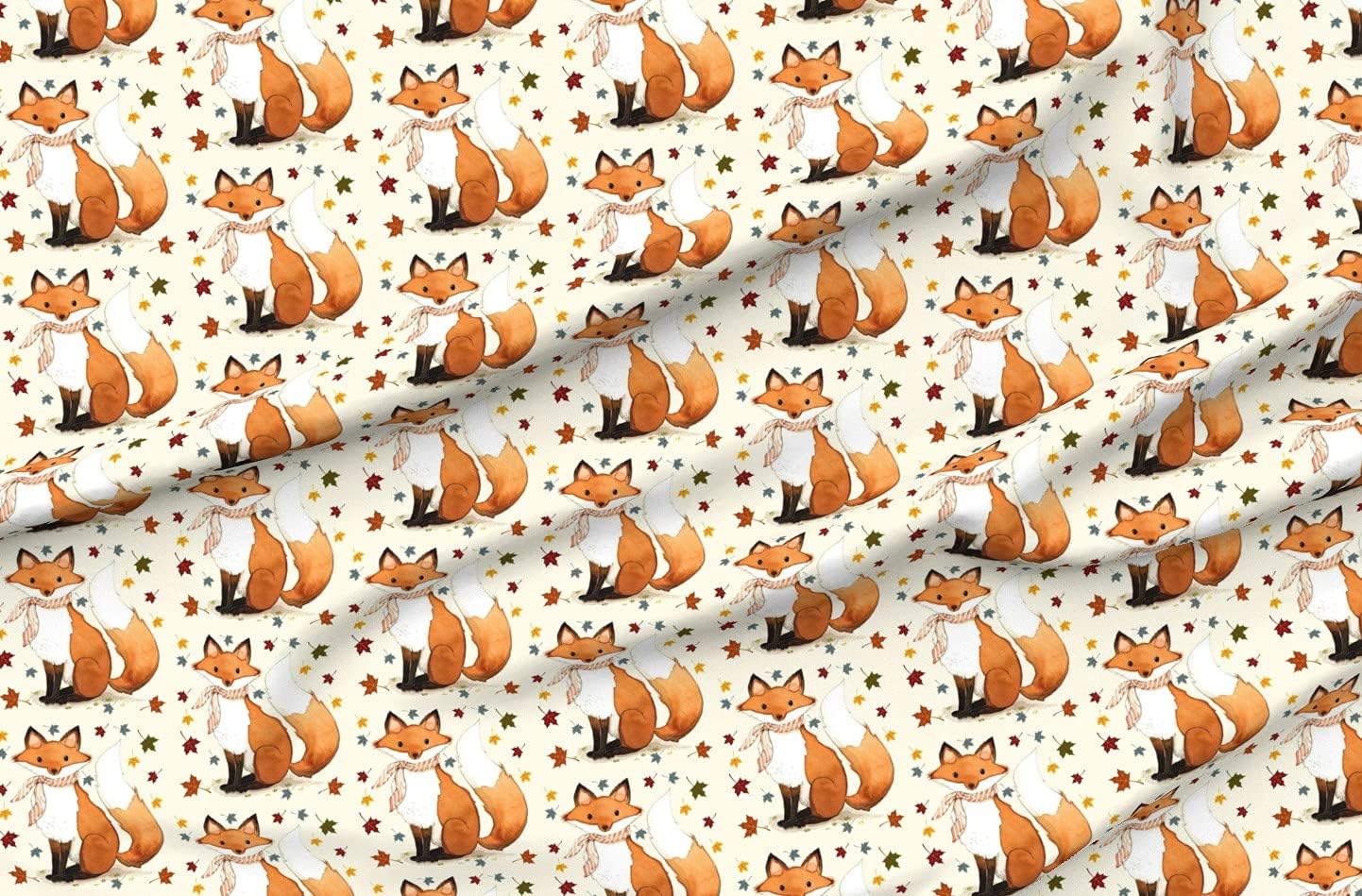 Spoonflower Fabric - Autumn Fox Fall Leaves Printed on Organic Cotton Sateen Fabric by The Yard - Sewing Quilting Apparel Home Decor
