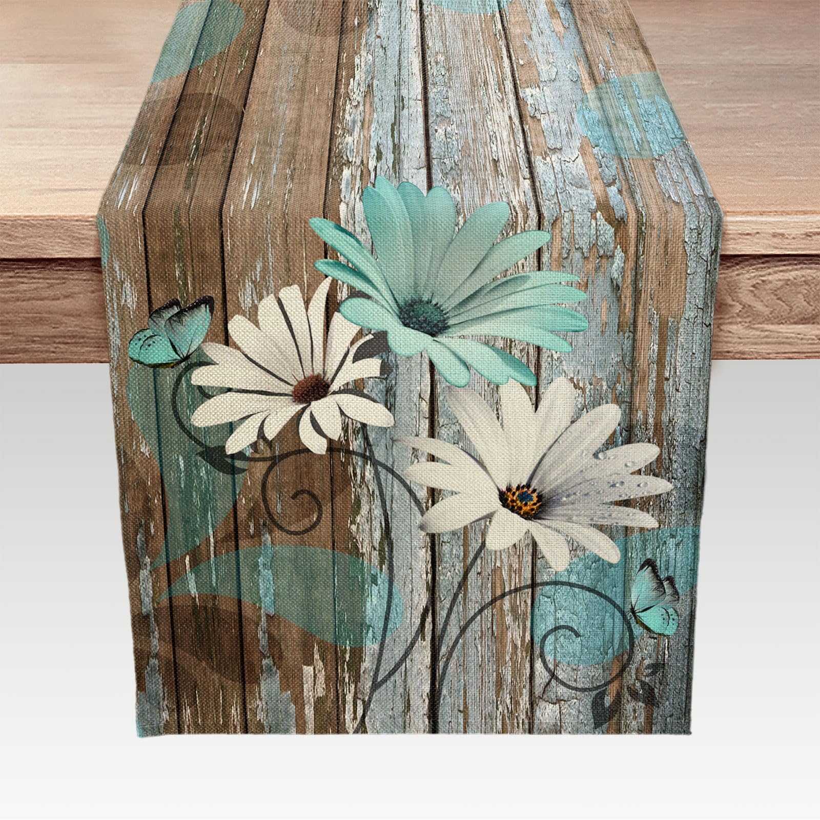 Farmhouse Flower Floral Table Runner, Rustic Teal Turquoise Daisy Bath Outhouse Country Linen Kitchen Dining Table Runners for Indoor Outdoor Home