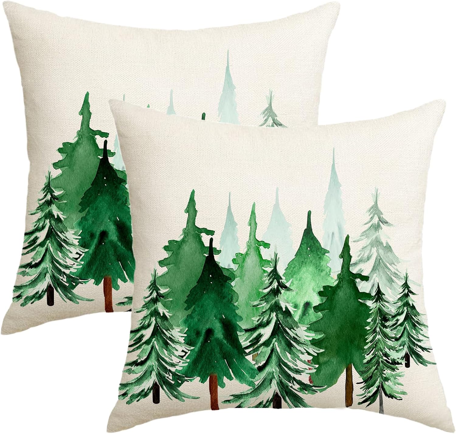 Watercolor Green Christmas Tree Pillow Covers 18x18 Set Of