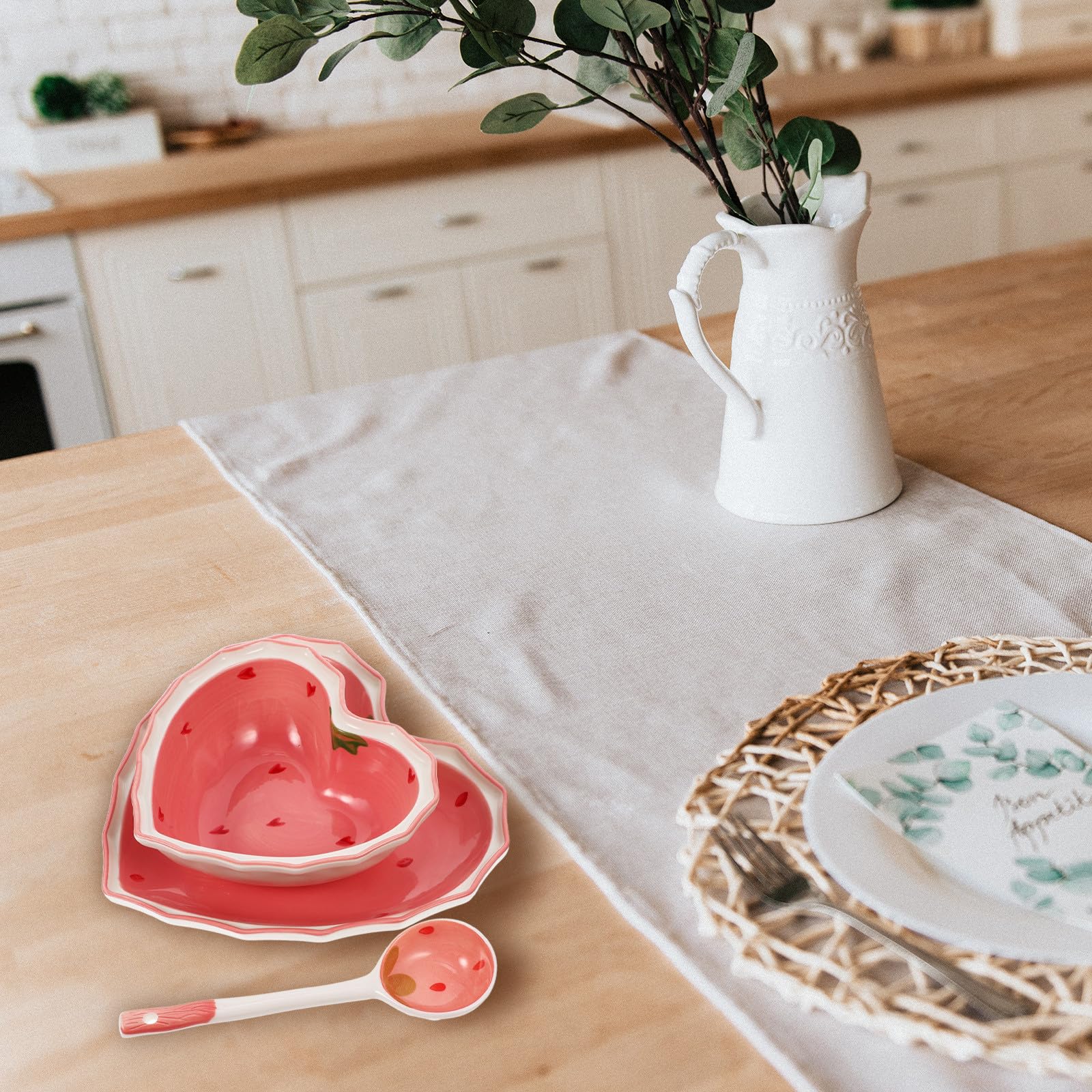 Assiette de Service Réutilisable en Céramique Rose Chic Bol à Salade Multifonction et Cuillère, Surface Lisse pour Rassemblements Quotidiens et Fêtes