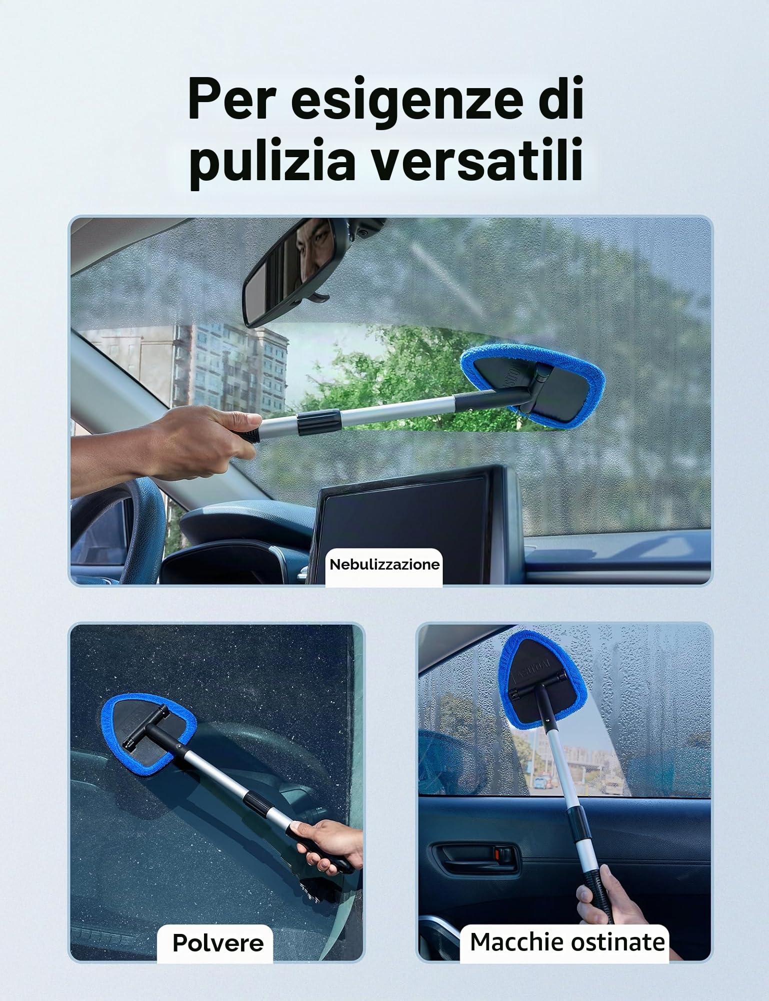 AstroAI Spazzola Auto con Panno Microfibra, Pulizia Auto con 4 Guarnizioni Riutilizzabili e Lavabili, Strumento Pulizia Parabrezza con Manico Scomponibile, Pulitivo per Vetri Interni, Blu