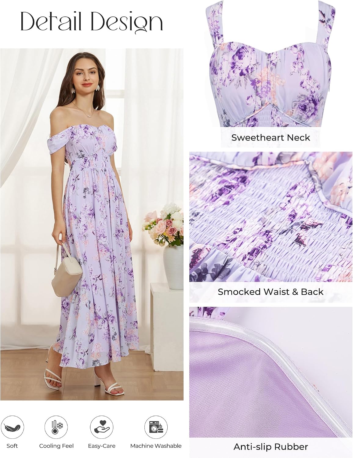 GRACE KARIN 2026 Women's Summer Floral Wedding Guest Dress,Beach Flowy A Line Maxi Off Shoulder Bridesmaid Dresses image 3