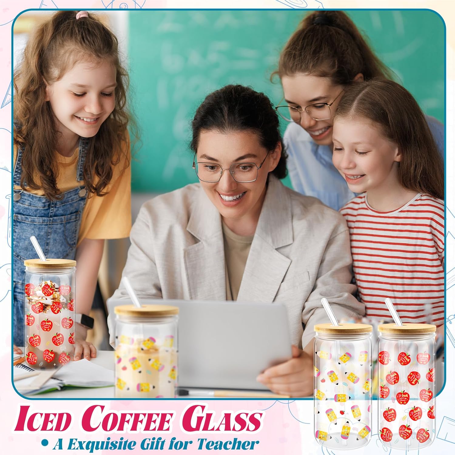 2 Set Teacher Appreciation Gifts Teacher Appreciation Glass Cups 16 oz Iced Coffee Glasses Cup with Bamboo Lids Smoothie Cups Apple and Pencil Glass Cup Tumbler for Women Teacher Valentines - Image 3