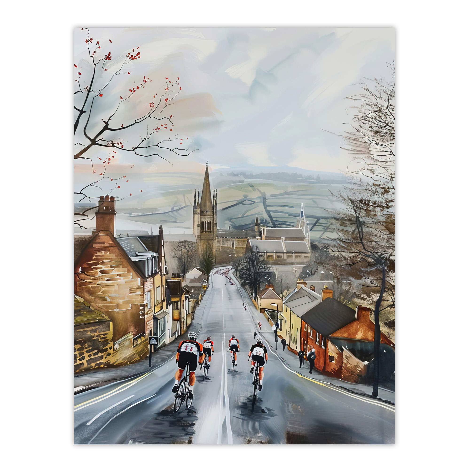 Artery8 Cyclists Misty Yorkshire Town Street Painting Wall Art Print Grey W18" x H24"