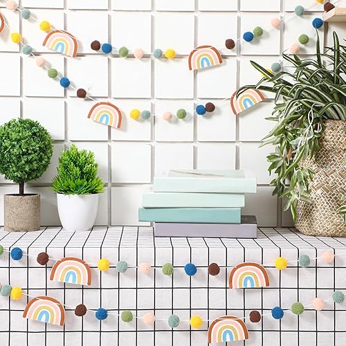Miniatura 7 de Rtteri Guirnalda de fieltro de arco iris, decoración bohemia para el aula, decoración de regreso a clases, guirnalda de pompones hecha a mano, bola