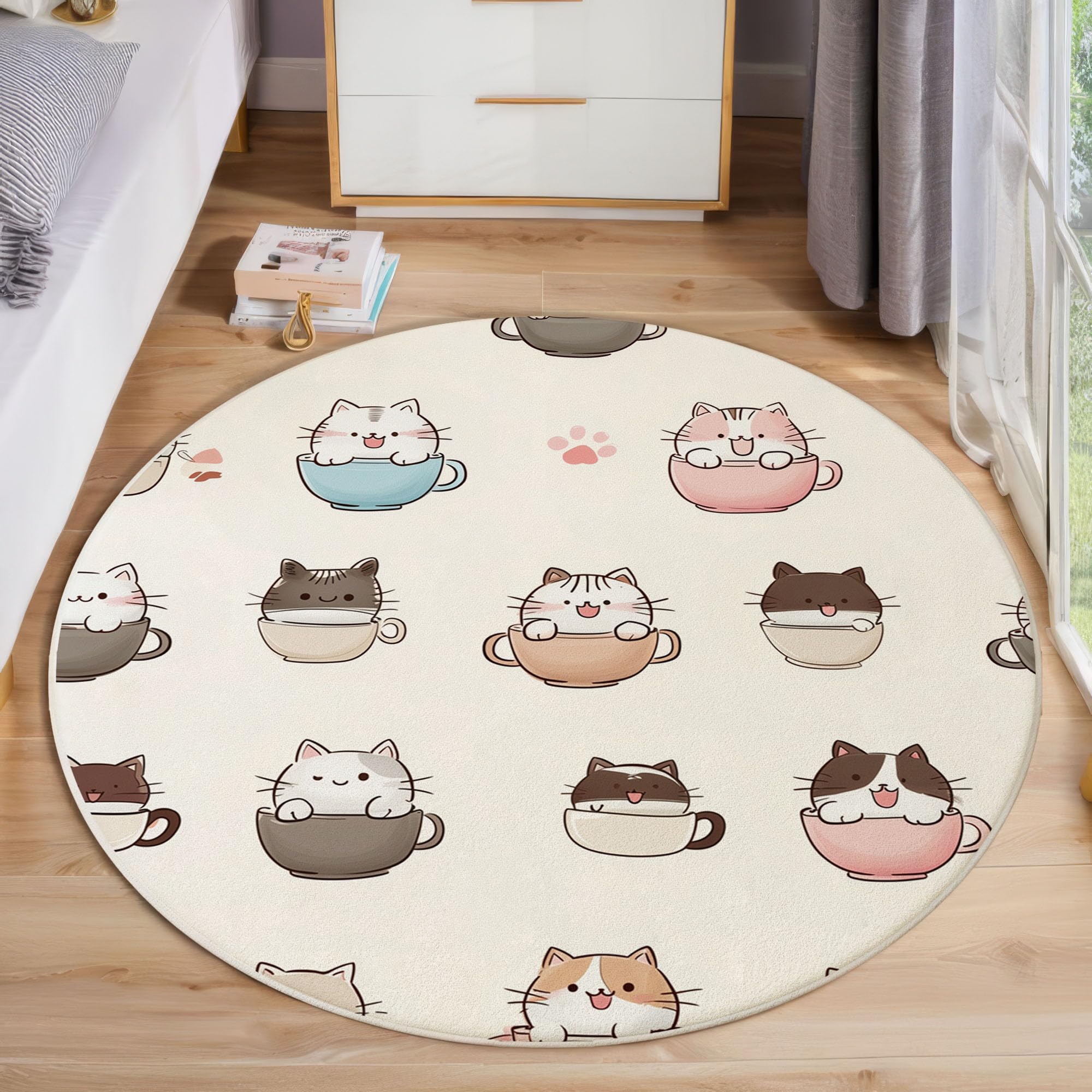 Tapis salon rond crème de 200 cm lavable et antidérapant avec motif de chat mignon