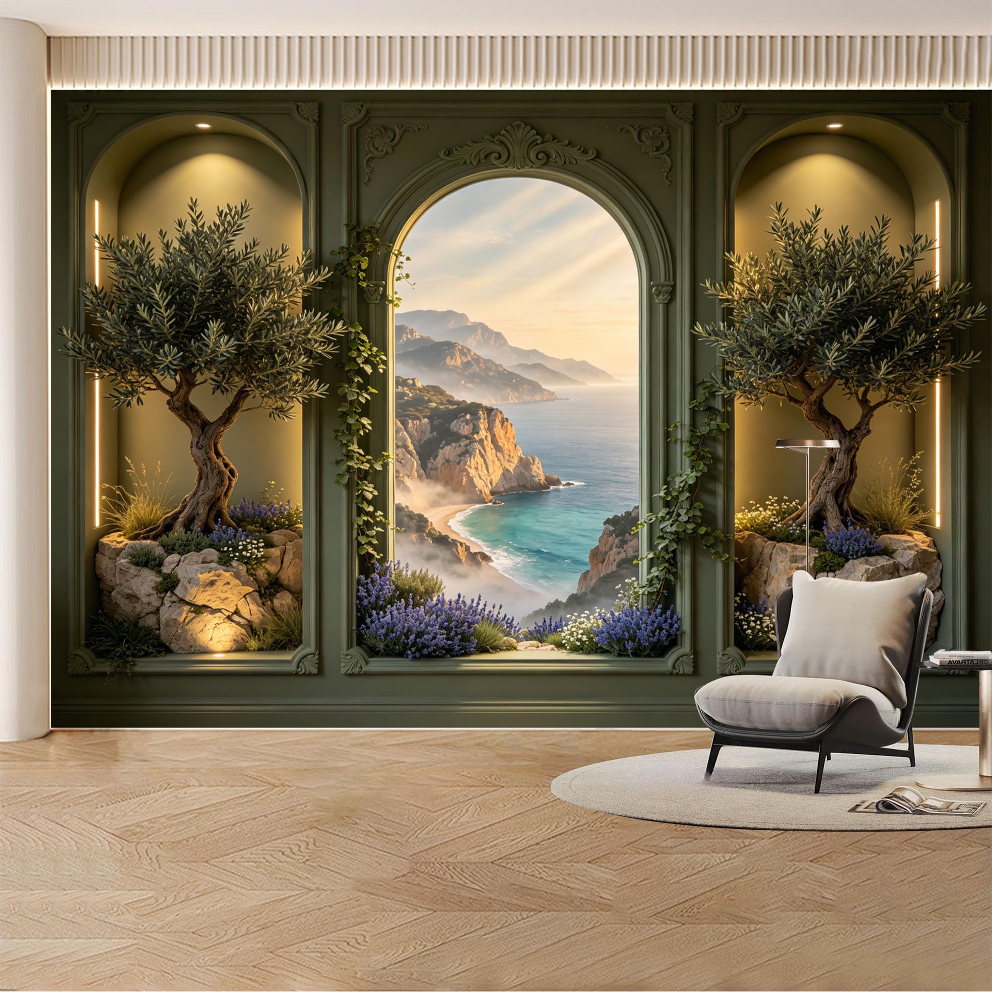 Custom Wall Mural Wallpaper Mediterranean Coastal Ocean Mountain Landscape 3D Effect Wall Decor Luxury Sunset Misty Removable SelfAdhesive Large Photo for Living Room， Bedroom， Office