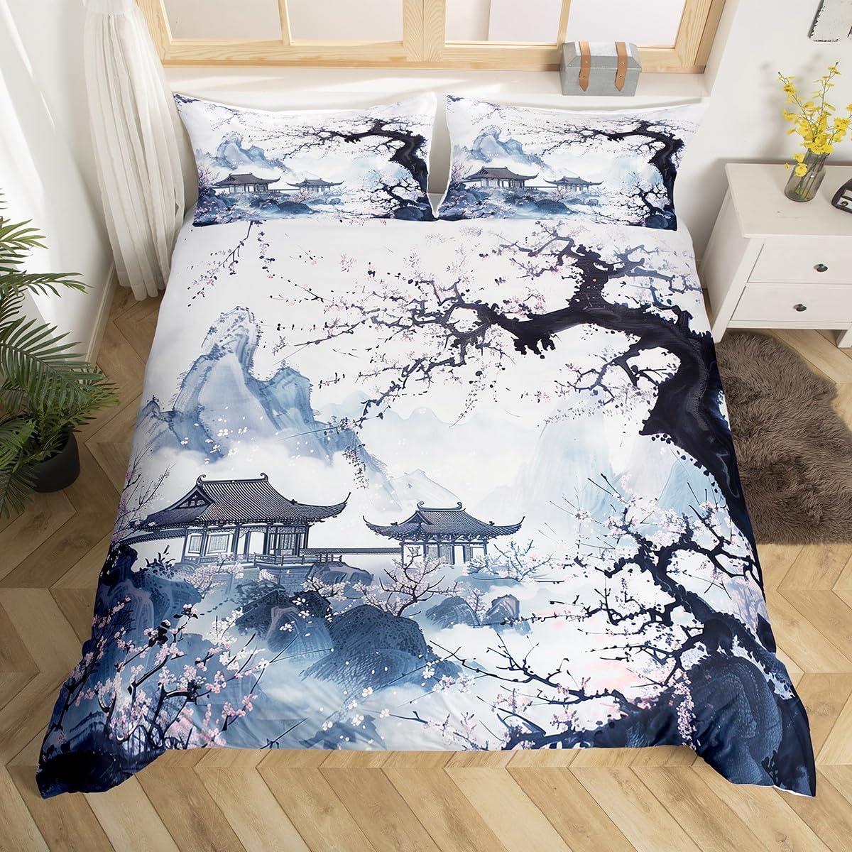 Homewish Japanese Style Duvet Cover Super King Size, Aesthetic Cherry Blossom Floral Bedding Set for Kids Teens Adults, Vintage Oriental Chinese Quilt Cover, Ink Painting Landscape Print Bed Sets