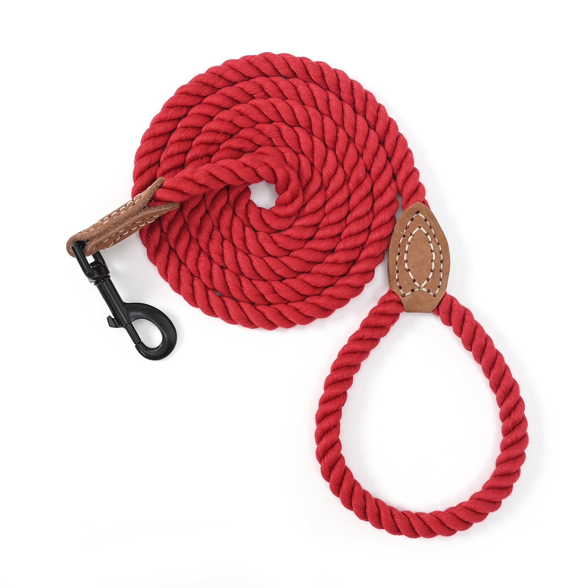 Mile High Life Braided Cotton Rope Dog Leash with Leather Tip - 6 Feet with Heavy Duty Metal Clasp - Wedding Dog Leash (Red, 72 Inches)