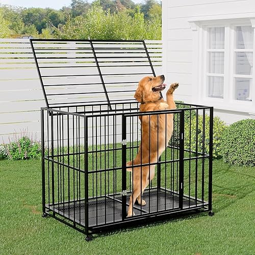 Miniatura 2 de Jaula para perros de 48 pulgadas, perrera de acero inoxidable para uso en interiores, jaula para perros a prueba de fugas con ruedas y bandeja