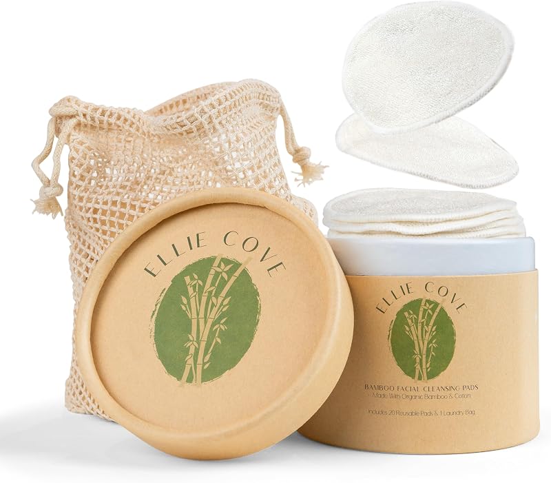 Discos reutilizáveis de algodão e bambu Ellie Cove com 20 unidades, 70% bambu e 30% algodão, com saco lavável e caixa redonda