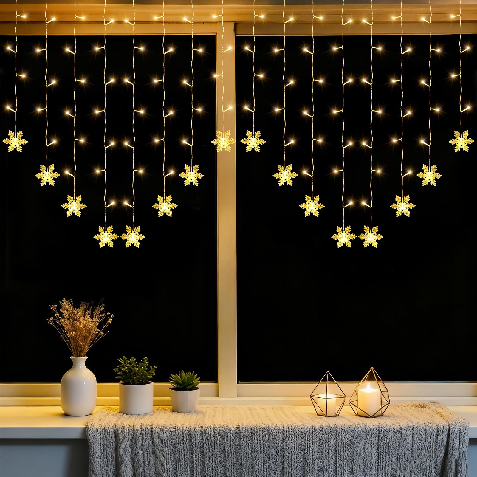 A.bigwhale Lichterkette 2x1m, Lichtervorhang Schneeflocken Warmweiß, Weihnachtsbeleuchtung 104 LED Lichtervorhang Innen Fenster, USB Lichterketten Vorhang für Weihnachten Wand Hintergrund Deko