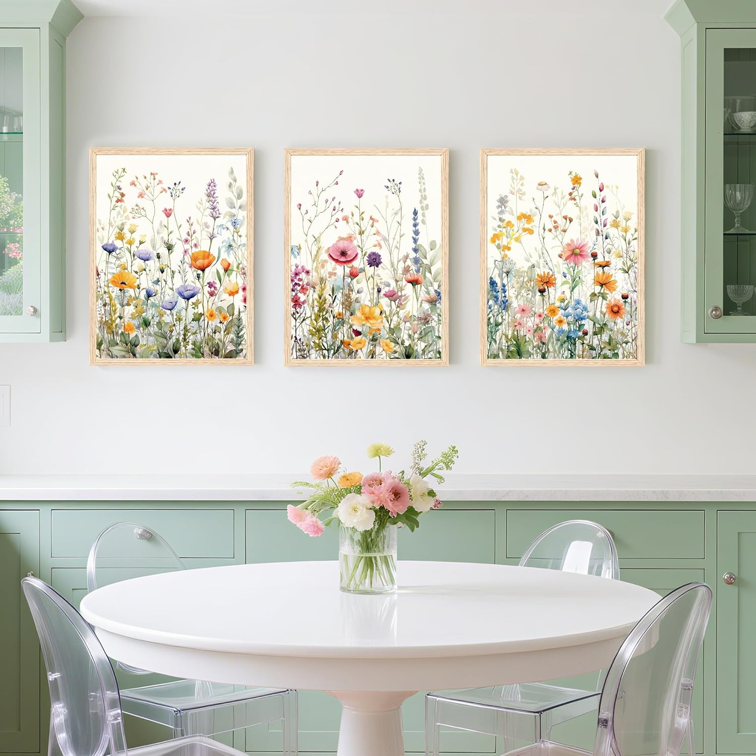 WRFON Wood Framed Colorful Wildflower Wall Art, Minimalist Watercolor Flowers Wall Decor, Colorful Botanical Poster Prints, Vintage Floral Canvas Paintings for Bedroom Bathroom Living Room 12"x16"x3